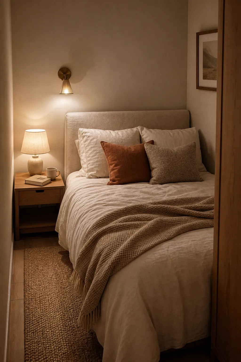 Cozy small bedroom bed corner with warm sconces, soft bedding, and a textured rug