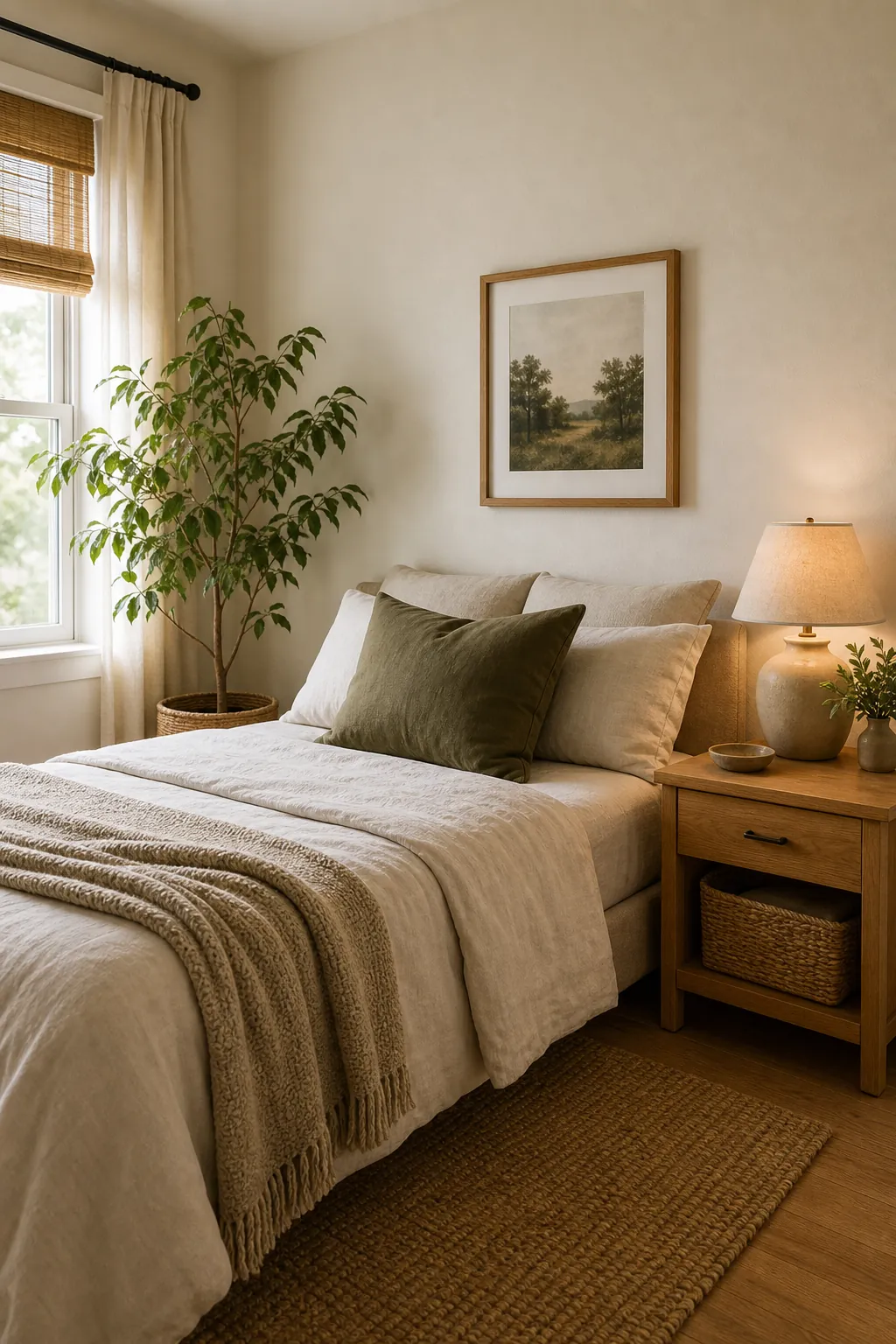Calm small bedroom with wood accents, wall art, plants, and warm neutral decor