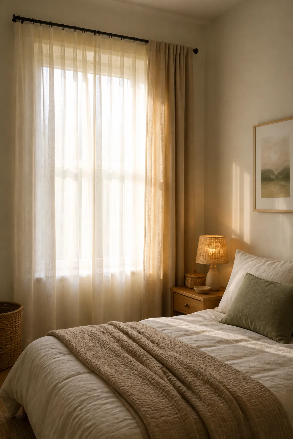 Small bedroom window softened with sheer curtains and warm natural light