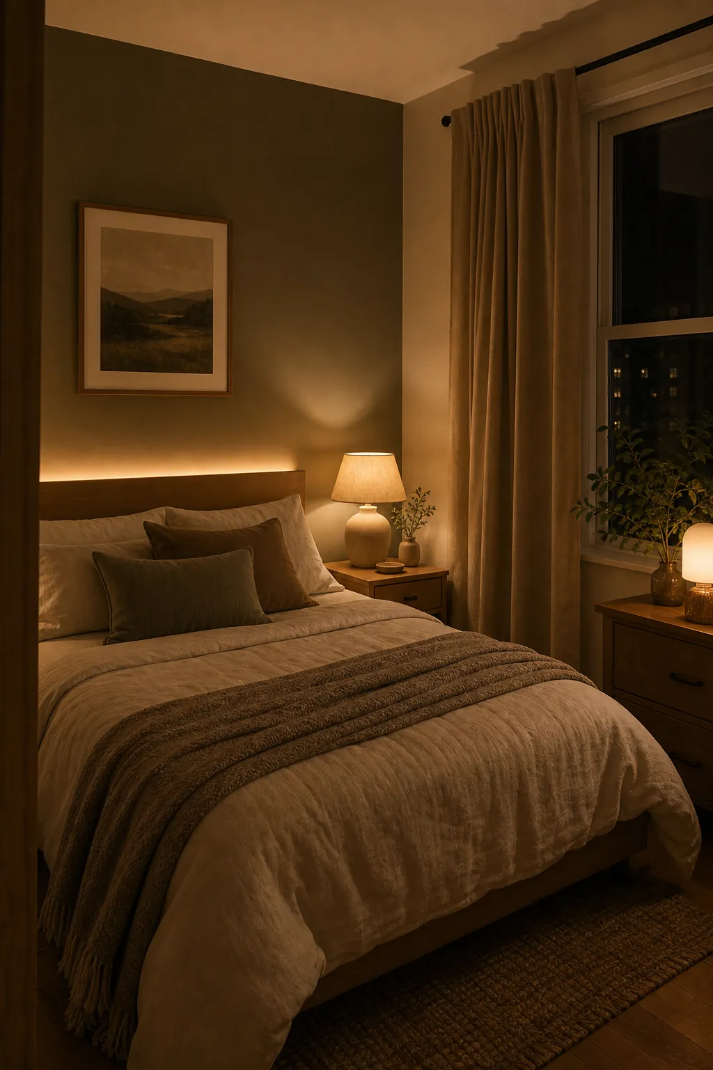 Small bedroom at evening with dim warm lamps and gentle shadows