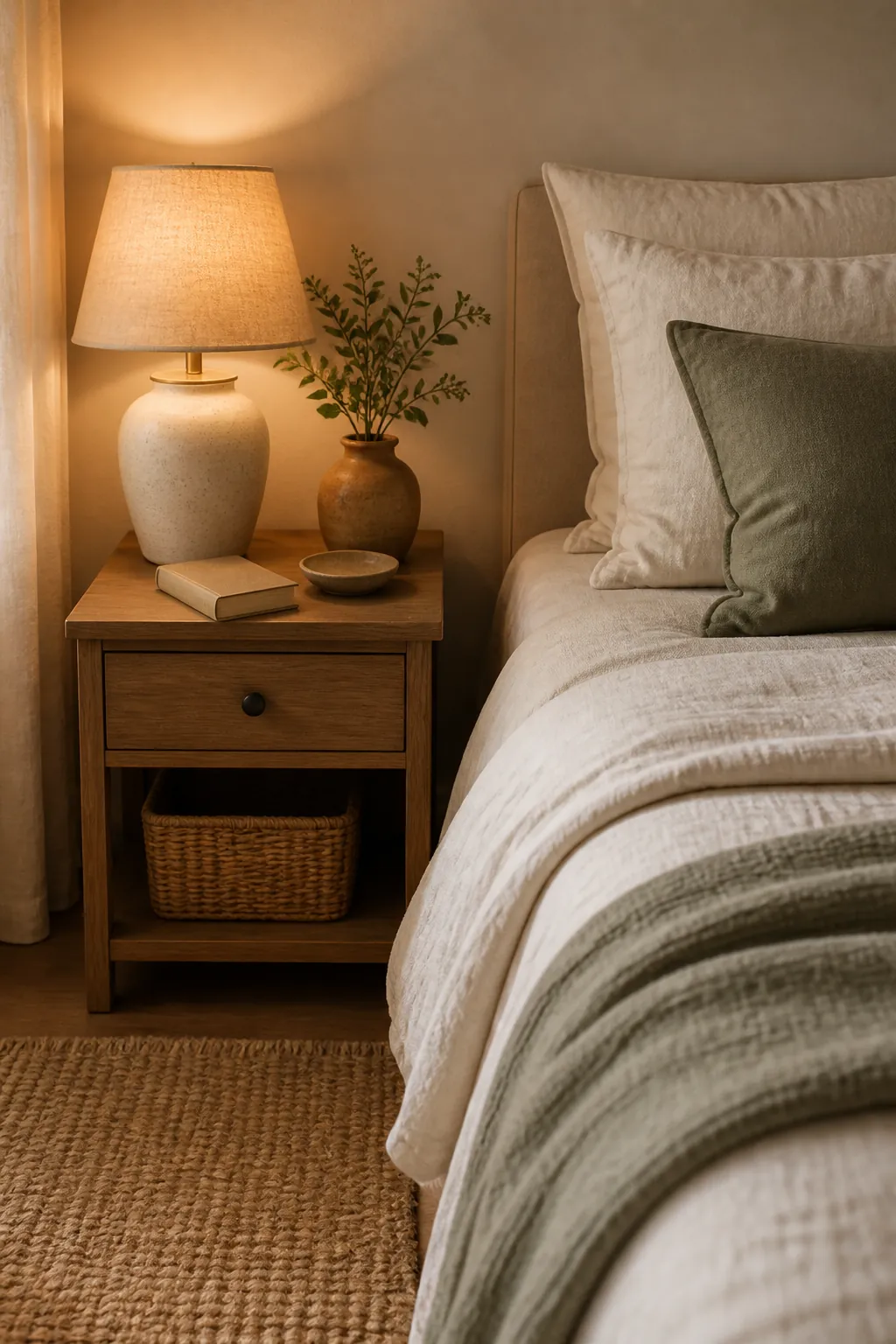 Organized small bedroom styling details with warm lamp, muted color accents, and soft textures