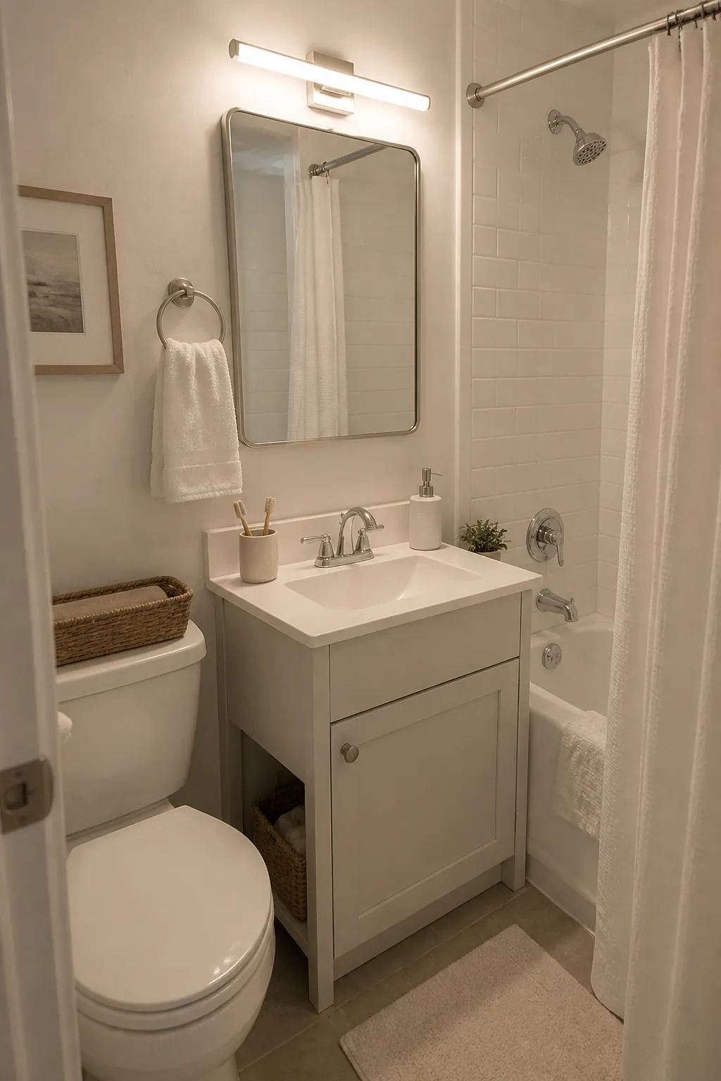 Bright tiny bathroom vanity with soft balanced lighting around the mirror