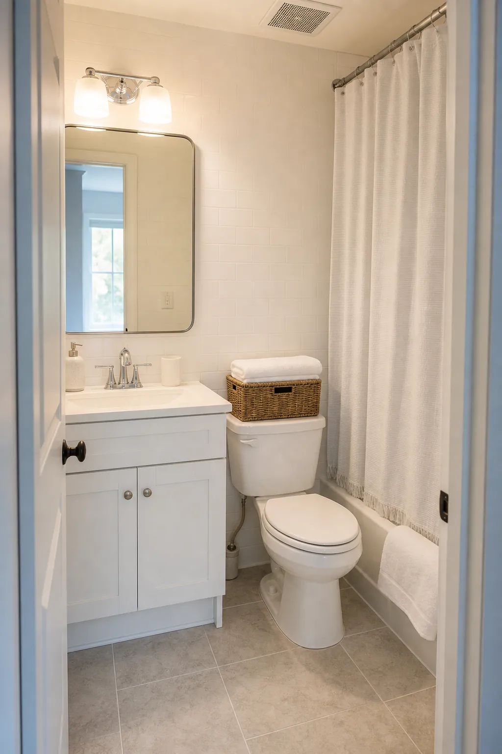 Clean bright tiny bathroom with white tile warm lighting and organized storage