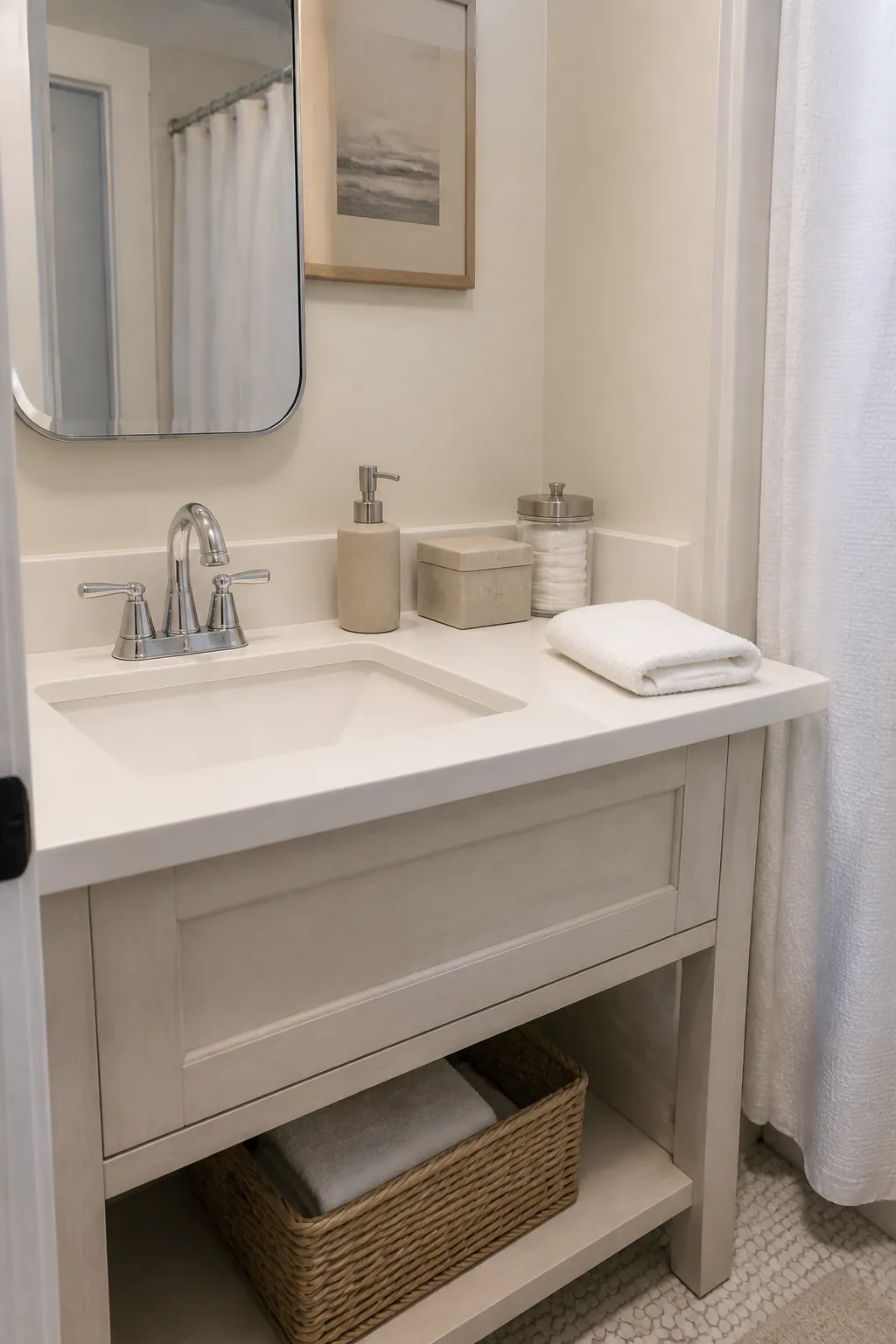 Small bathroom counter with minimal organized essentials and clear containers