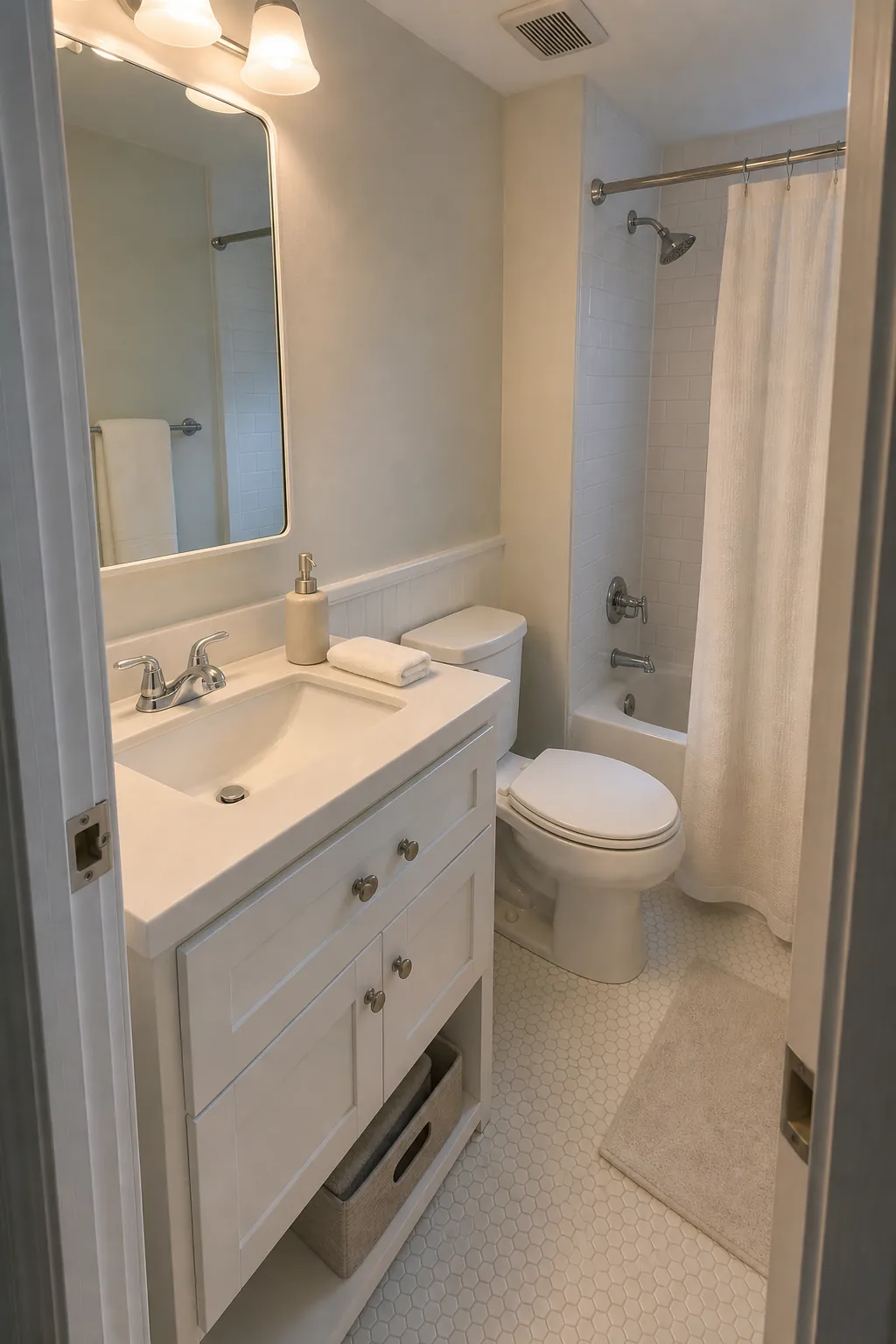 Tiny bathroom with a clean visual reset and uncluttered white vanity
