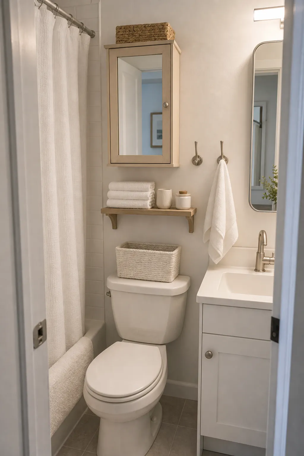 Tiny bathroom vertical storage with neat shelves and wall hooks
