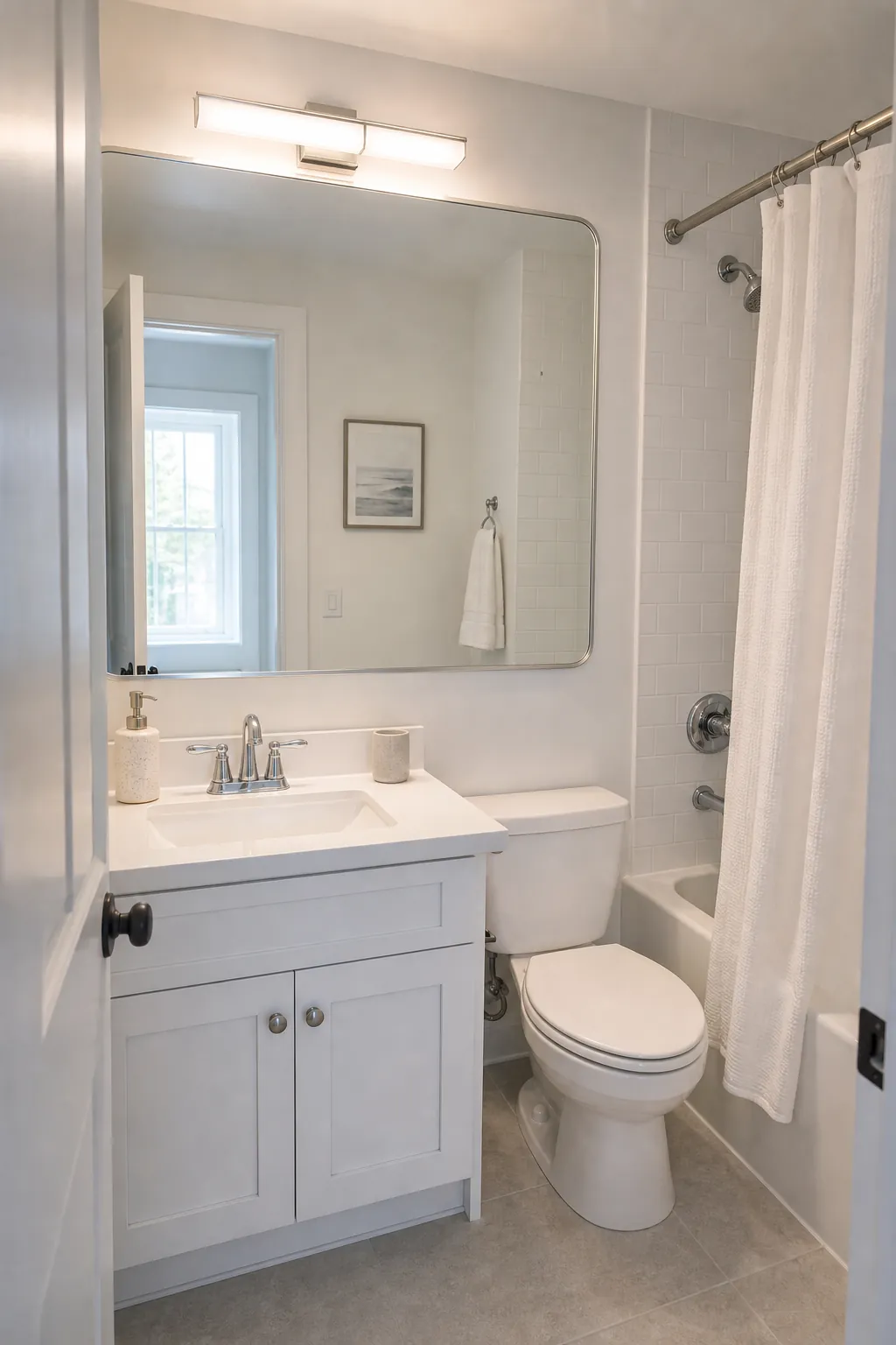 Tiny white bathroom with a large mirror reflecting light to make the space feel bigger
