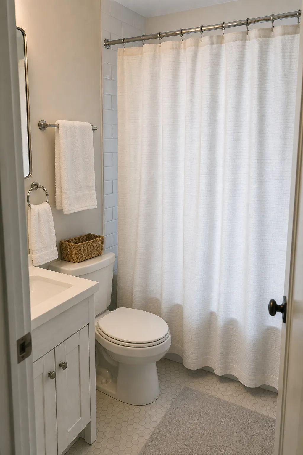 Tiny bathroom with a light shower curtain and white towels for a cleaner brighter look