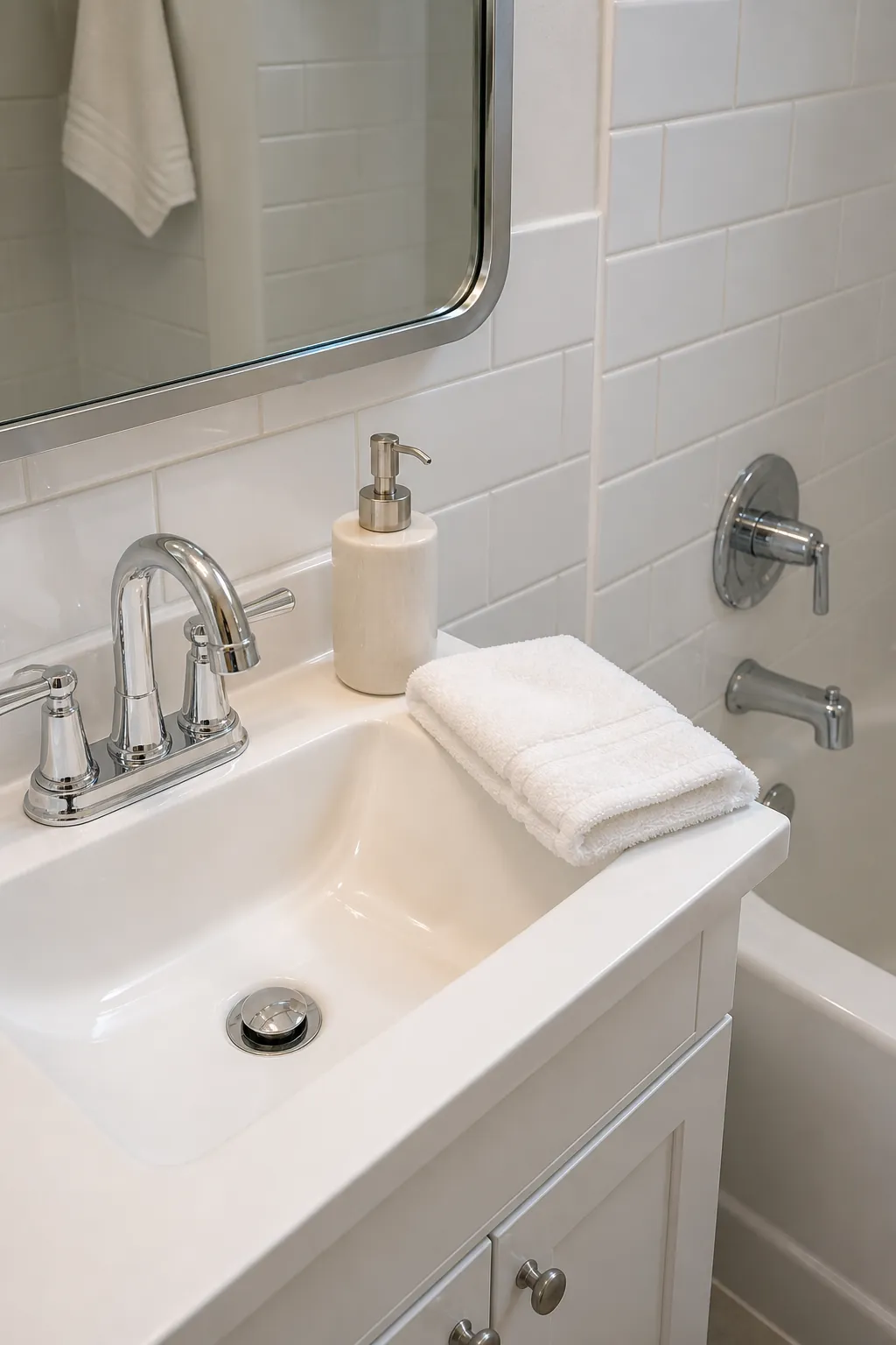 Clean tiny bathroom with bright grout polished chrome fixtures and fresh white surfaces