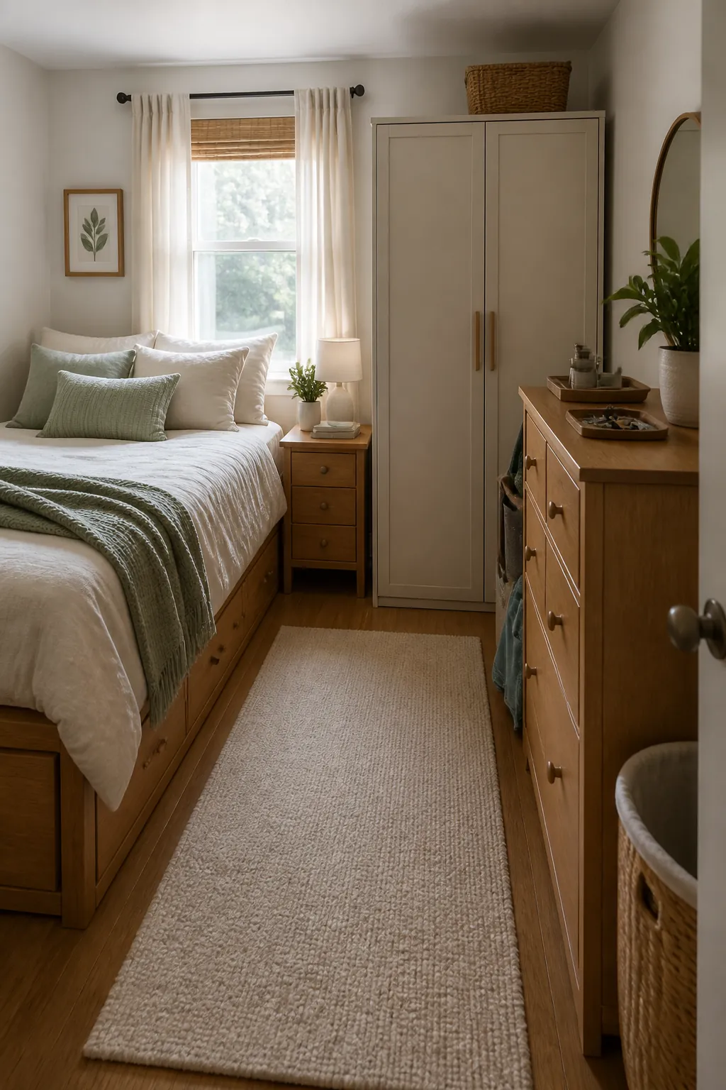 Small bedroom with calm closed storage for decluttering and bedroom organization