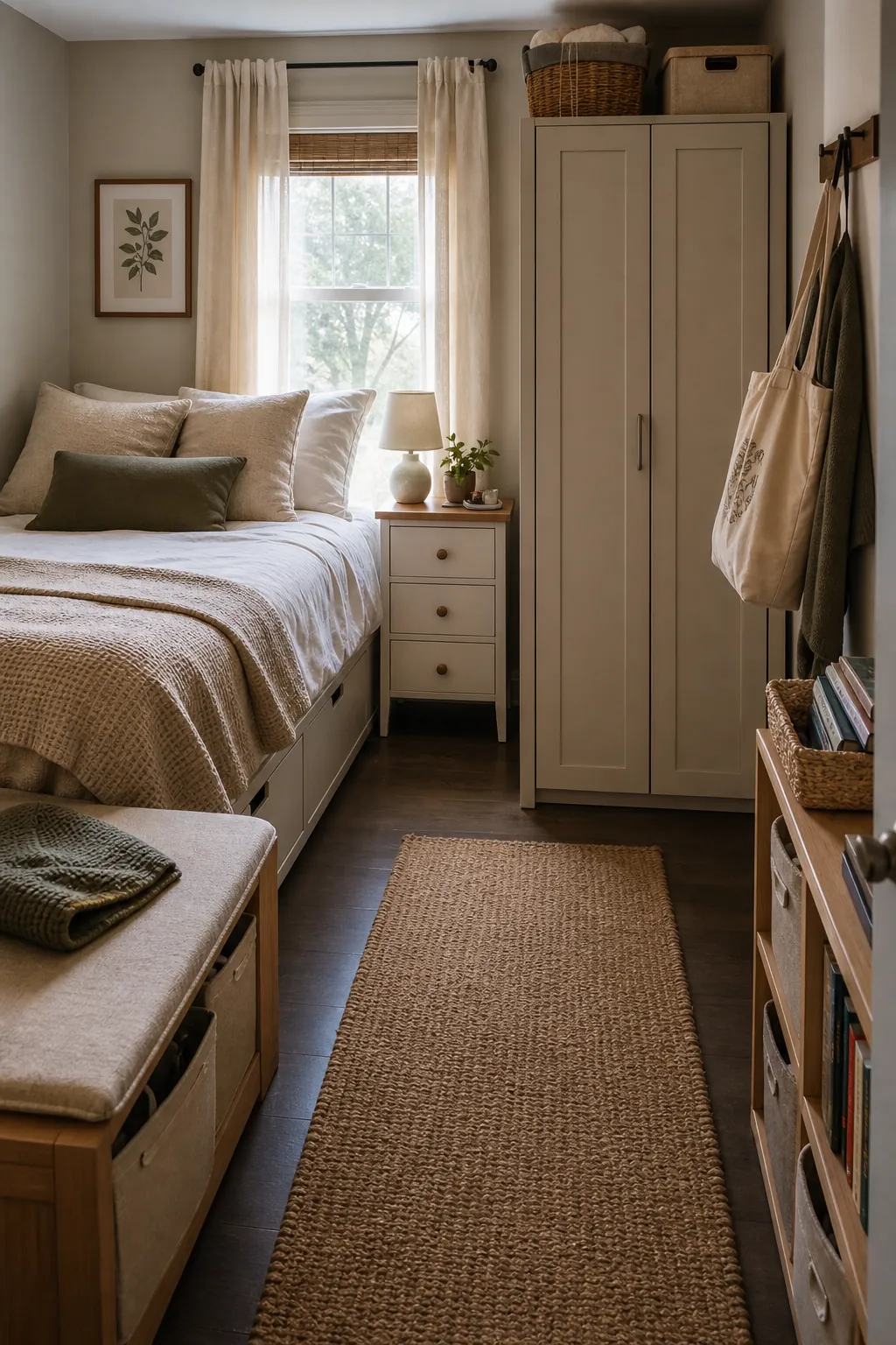 Small bedroom with closed storage under bed drawers and calm organization
