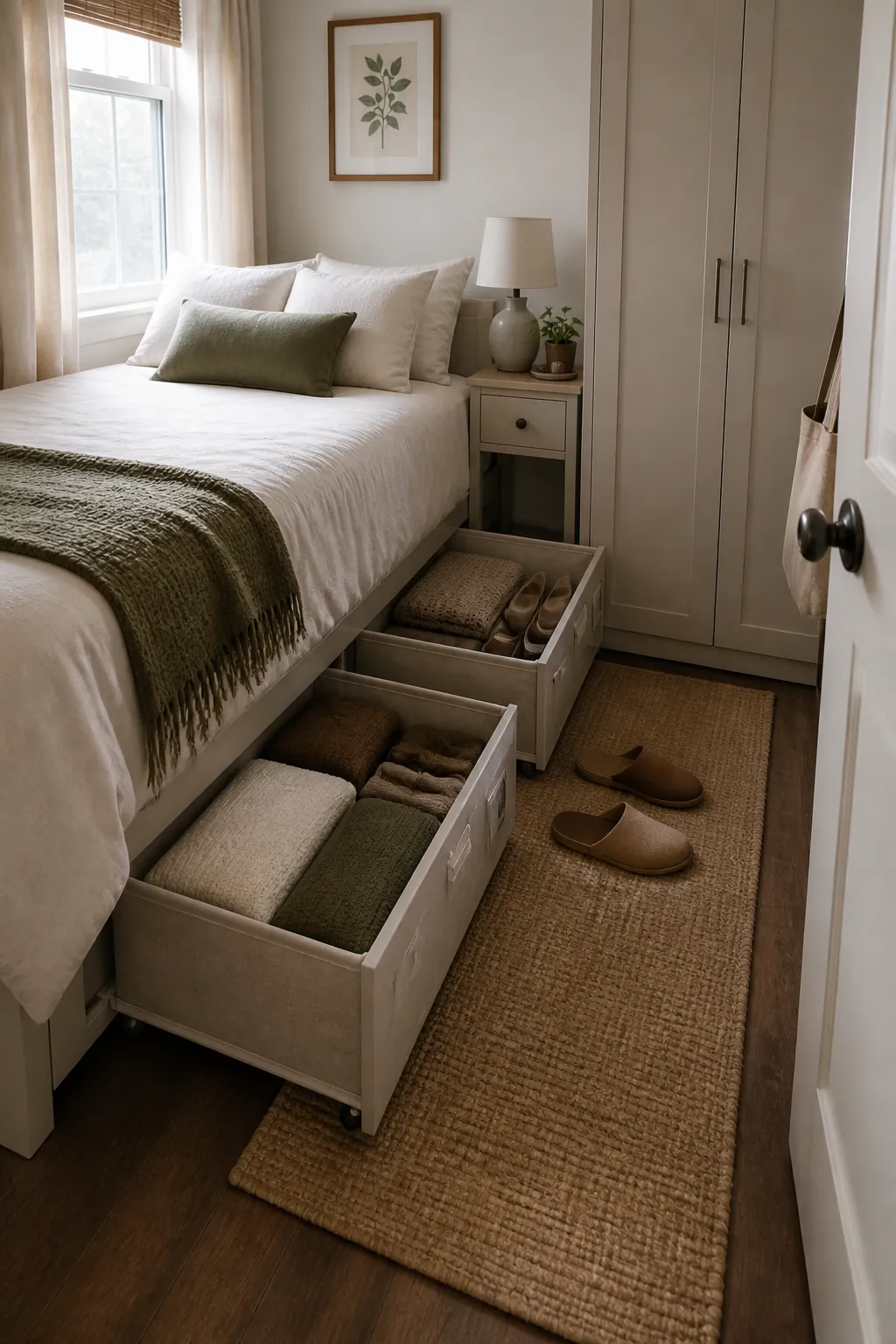 Under bed storage drawers in a small bedroom used for seasonal clothes and bedding