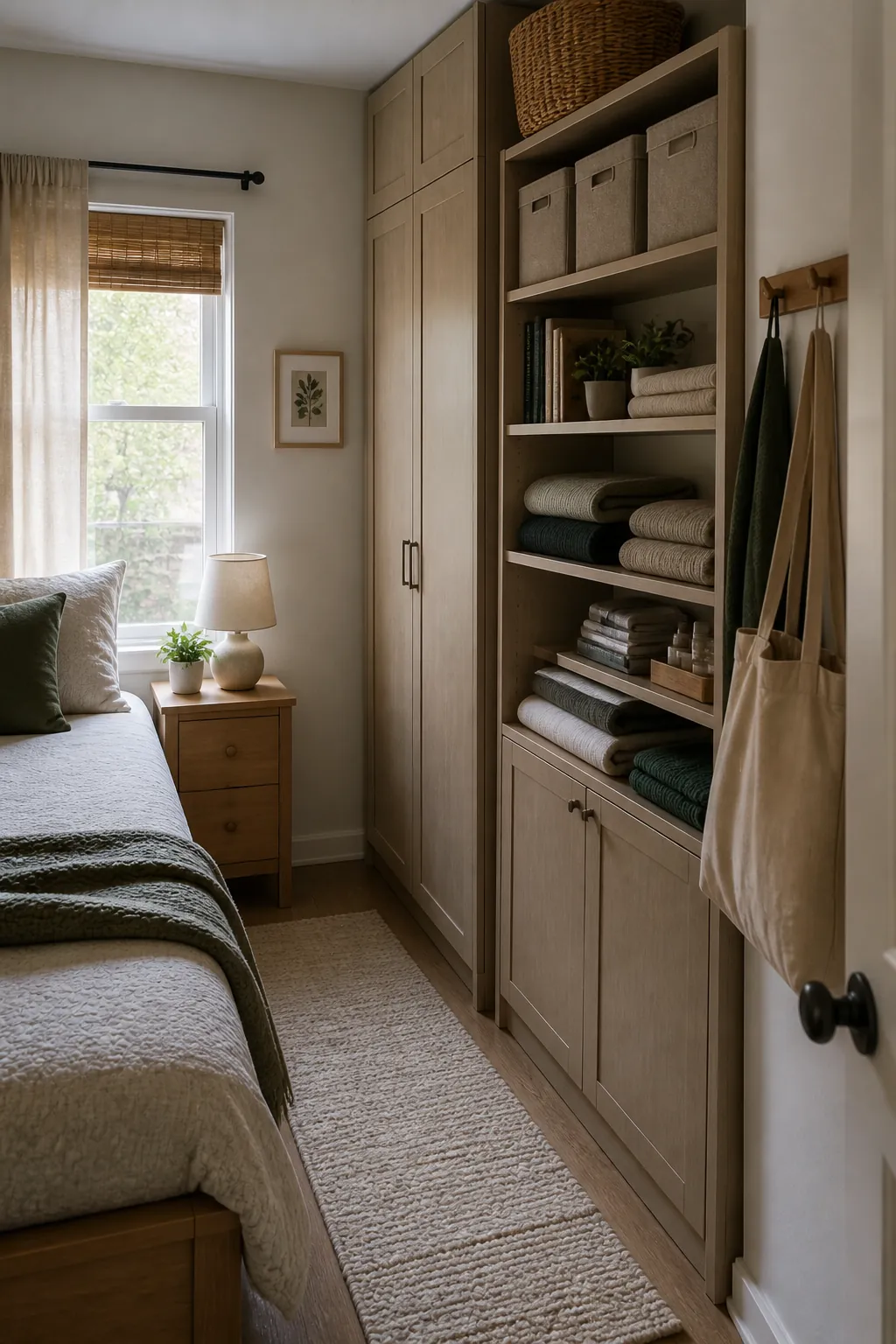 Compact bedroom using vertical storage shelves and closed cabinets to save floor space