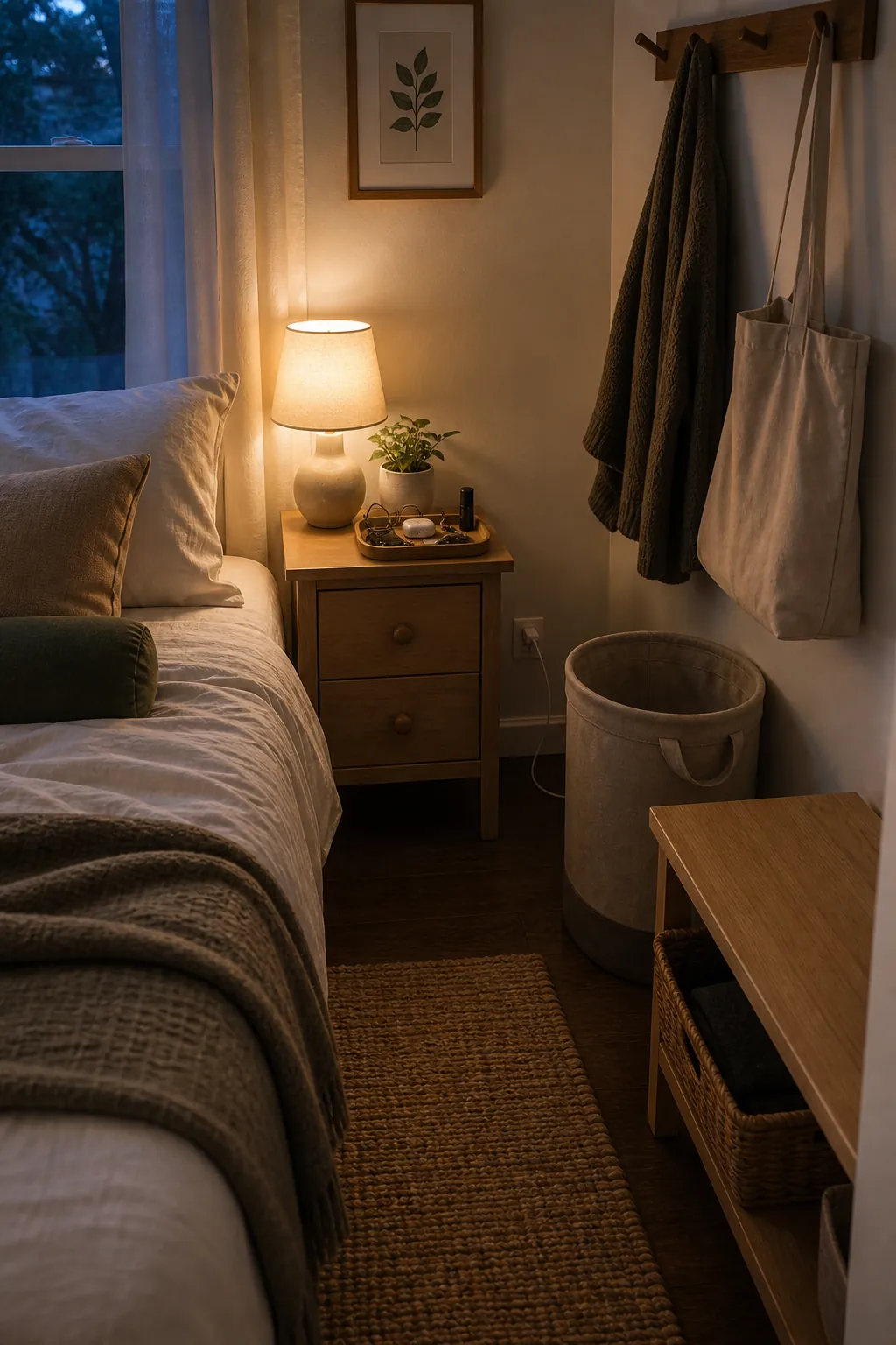 Small bedroom nightstand drop zone with trays hooks and a compact hamper