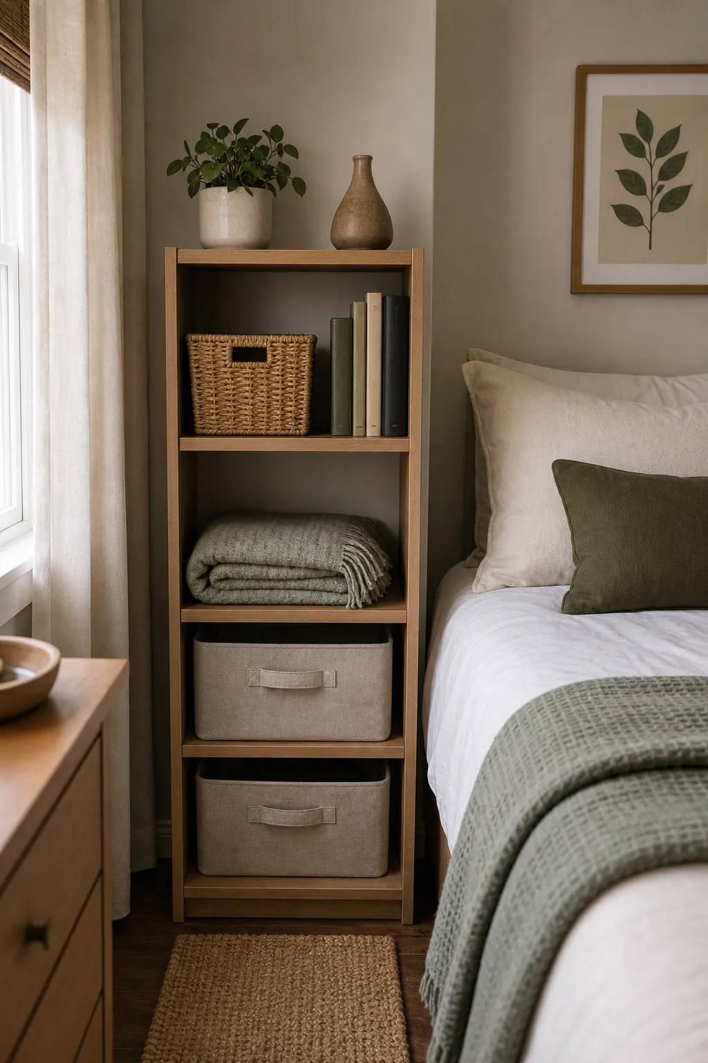 Small bedroom shelf edited down with baskets books and calm decor for less visual clutter