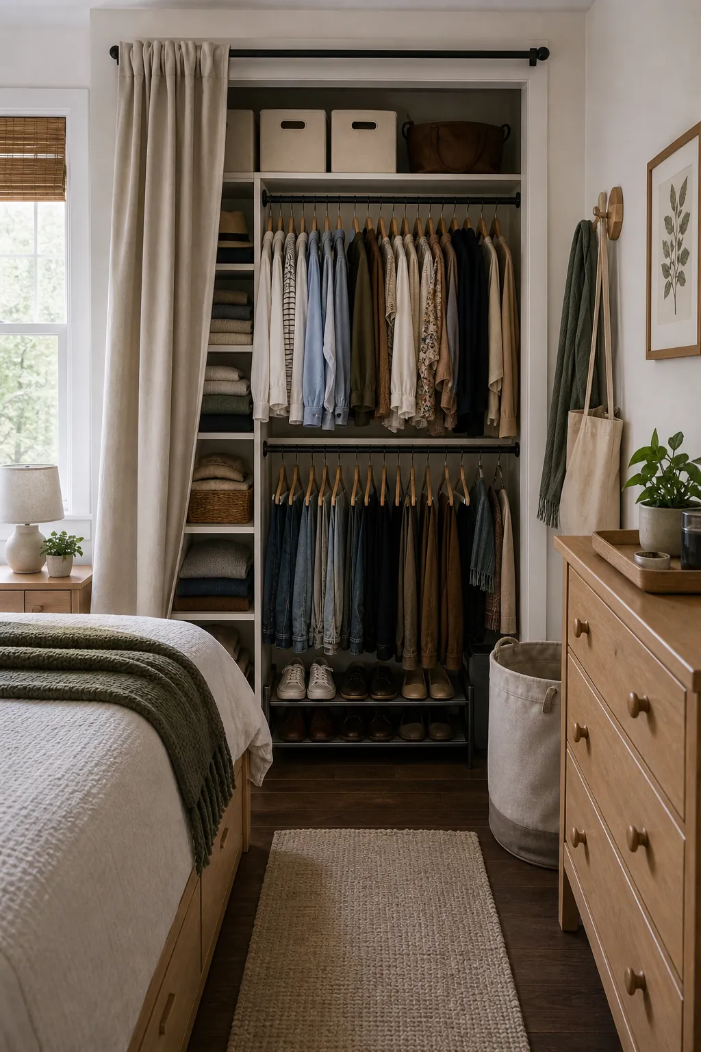 Organized small bedroom closet with double hanging rods shoe storage and labeled bins