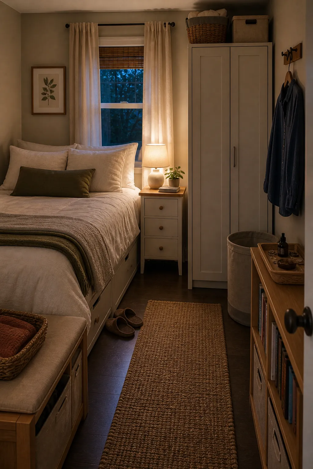 Clutter free small bedroom after a quick nightly reset with clear floor and made bed
