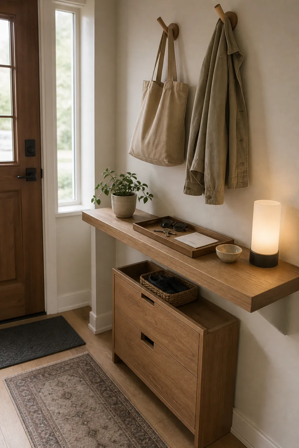 Small space entryway table used as a practical landing strip with hooks and tray