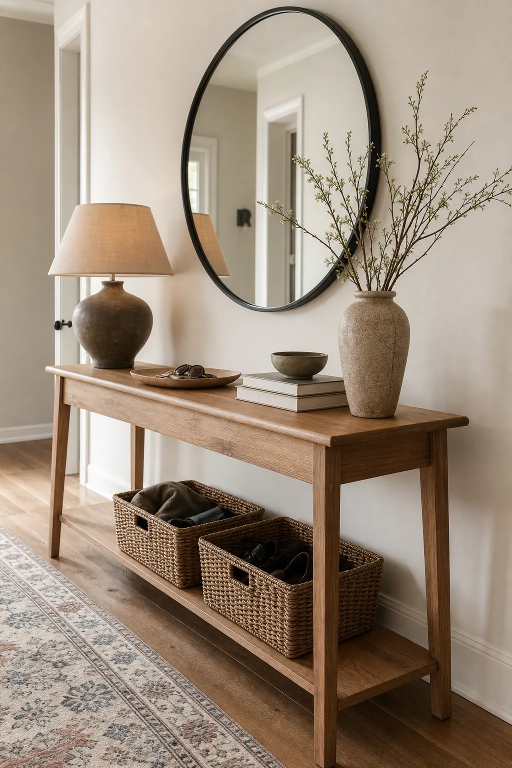 Hallway console styling ideas for an everyday entryway with mirror lamp tray baskets and runner rug