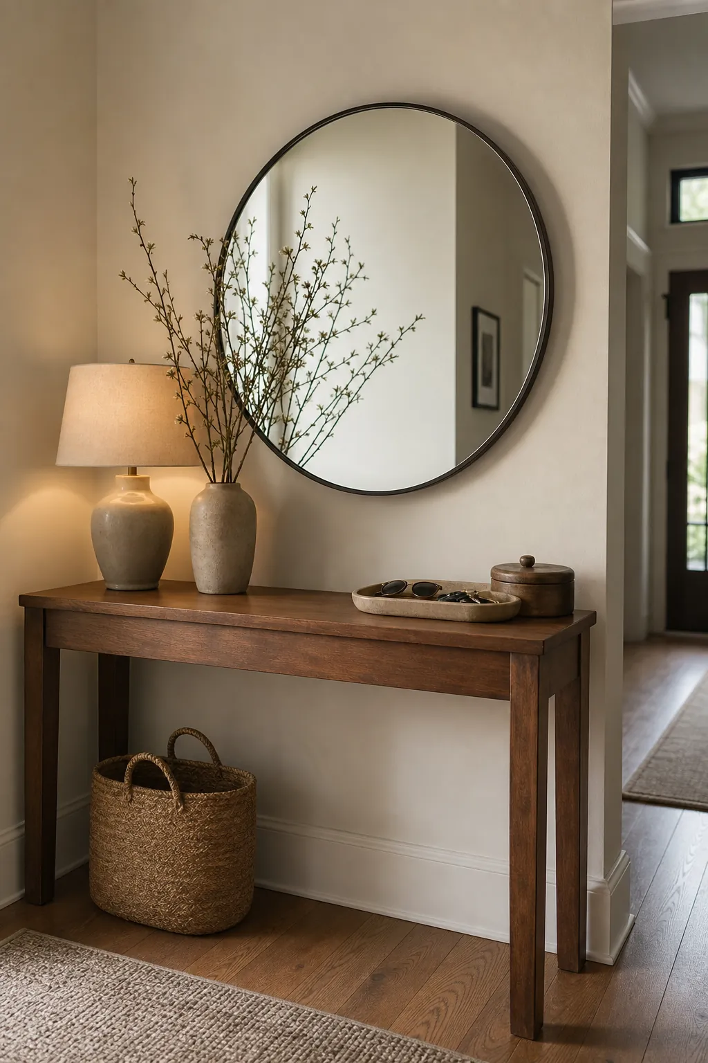 Entryway console table with round mirror warm lamp tray and natural branches