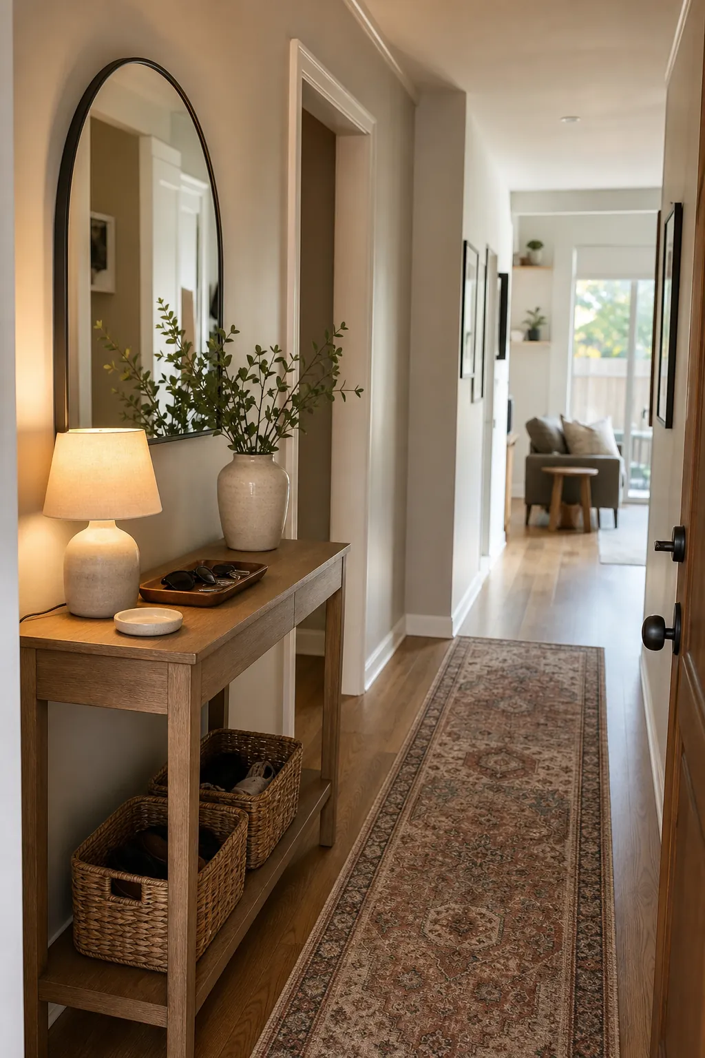 Narrow hallway console styling with mirror tray lamp baskets and runner rug