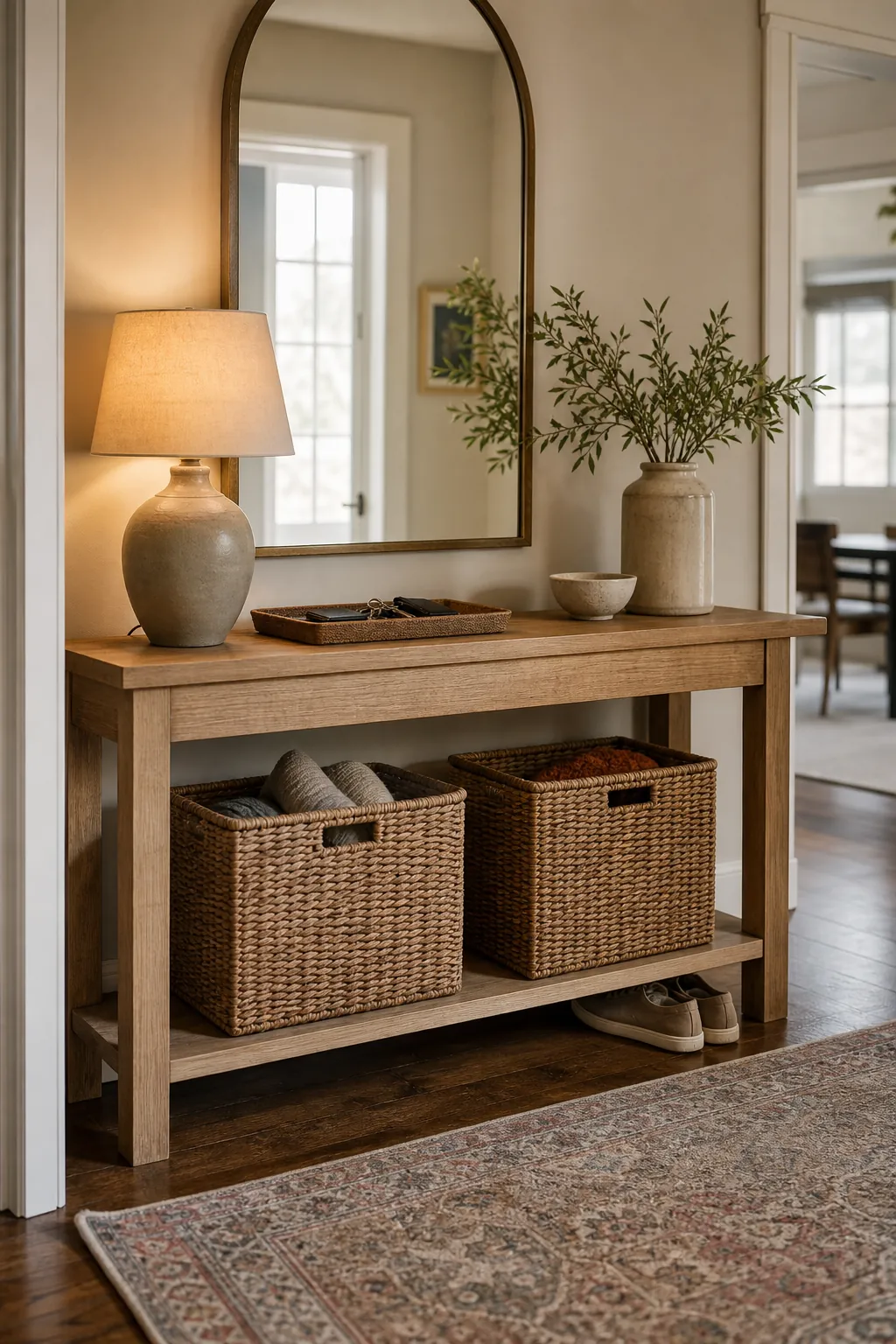 Entryway console with matching woven baskets for shoes and organized hallway storage