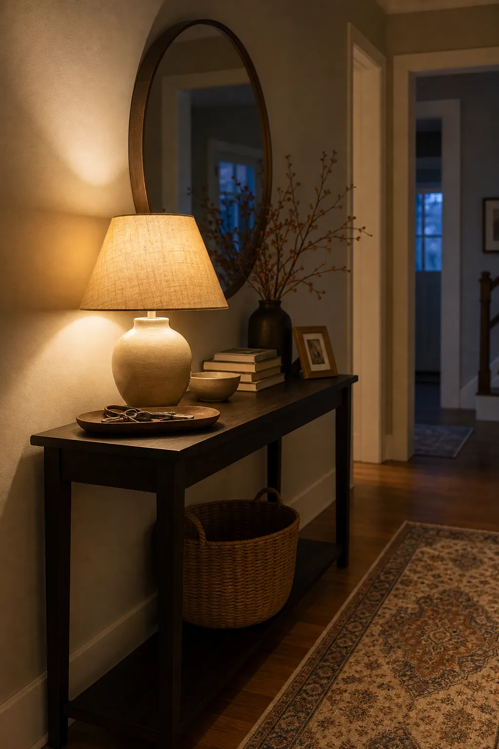 Warm lamp on hallway console table creating cozy entryway lighting