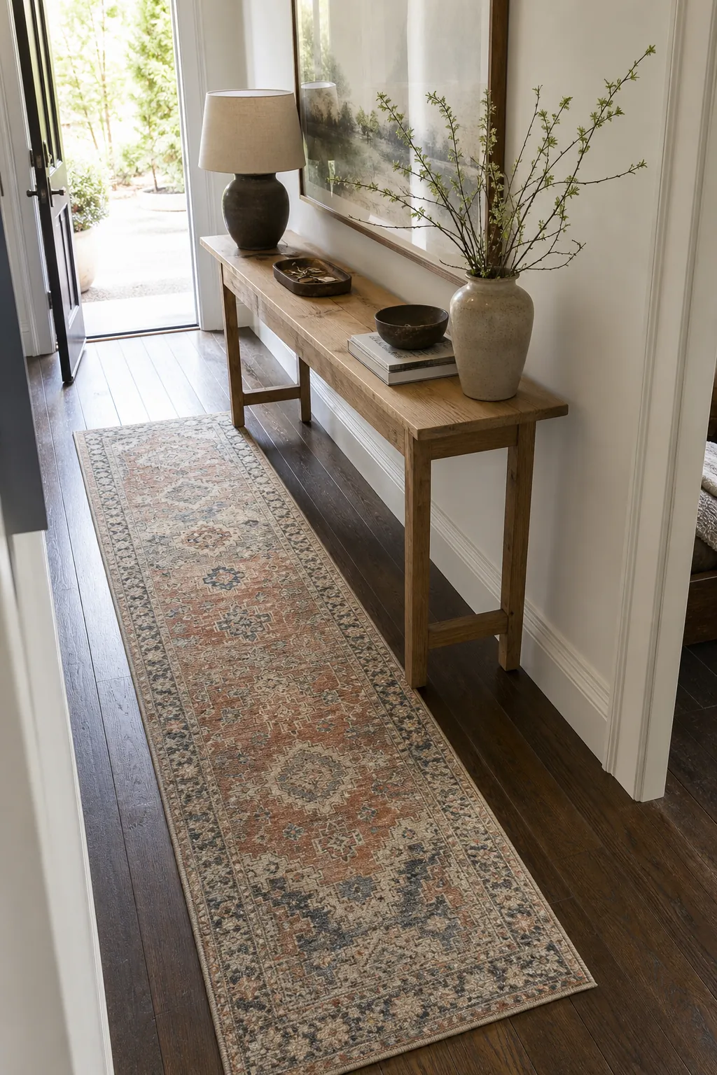 Hallway console with patterned runner rug grounding the entryway decor
