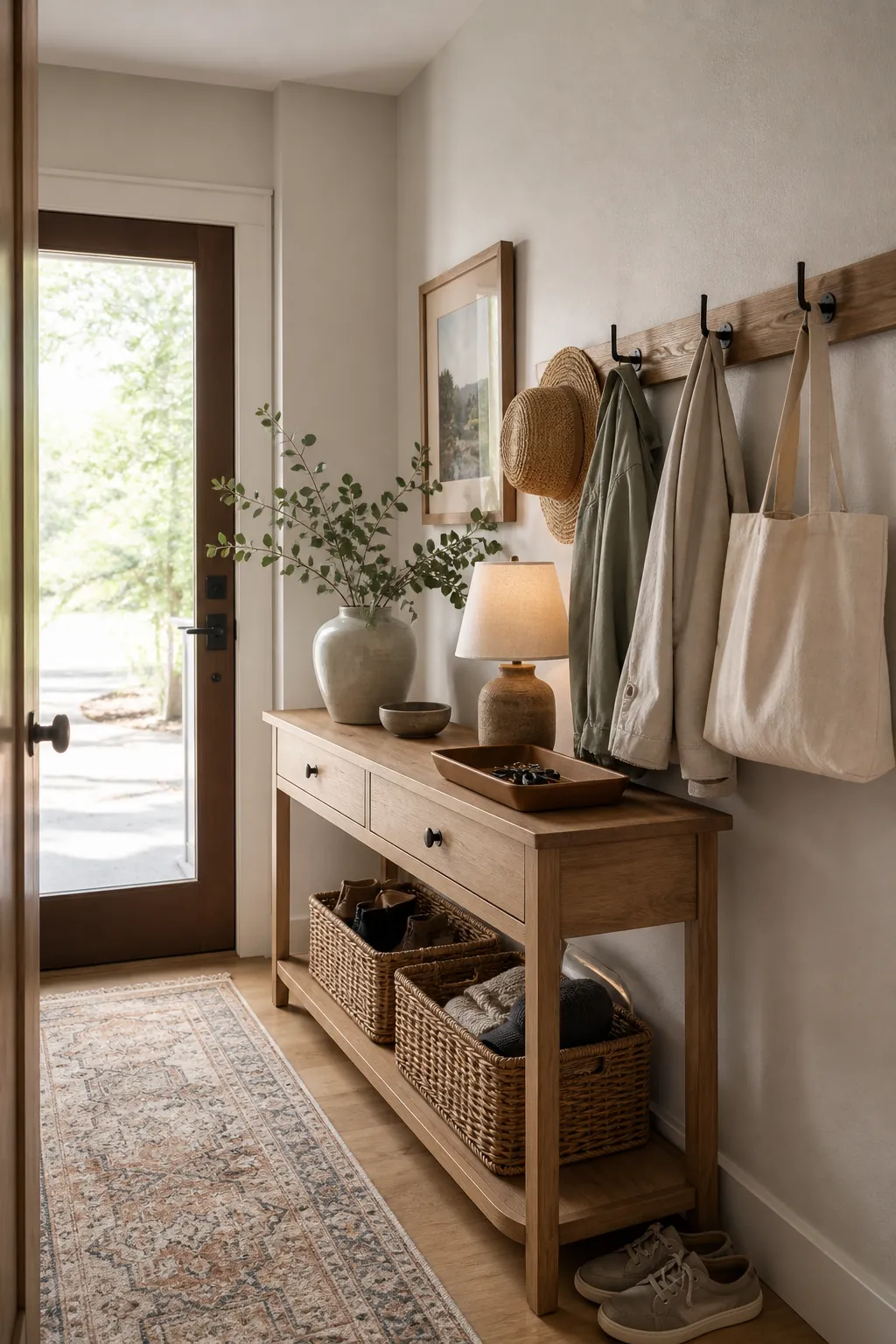 Organized mudroom style entryway console with hooks baskets shoes and tray