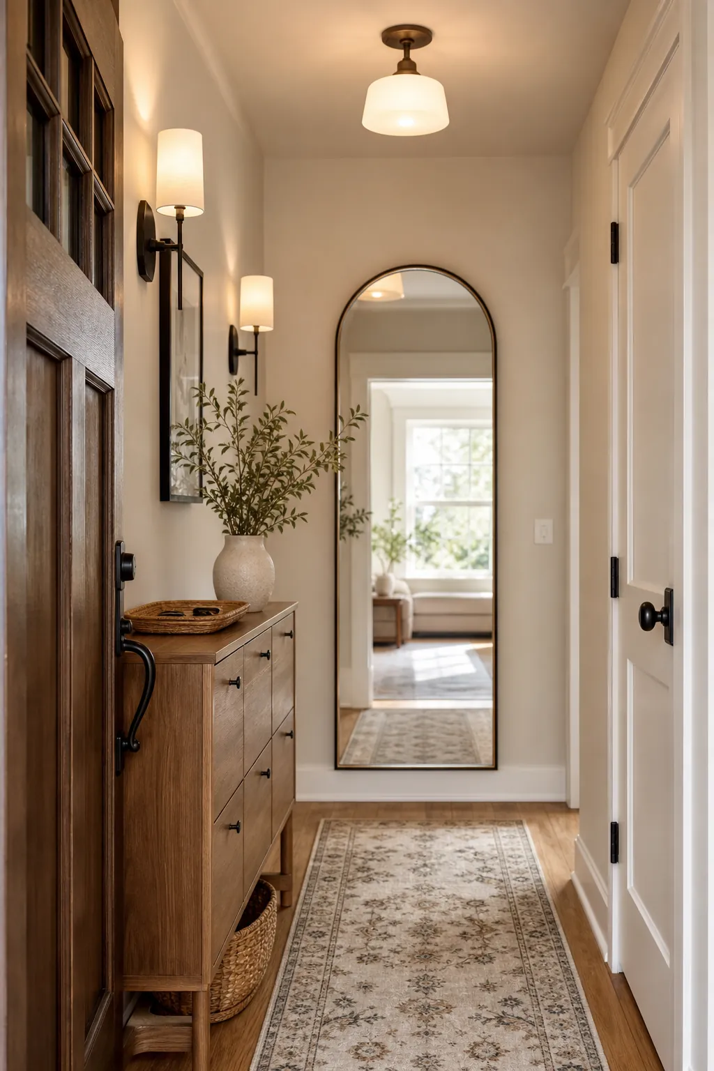 Bright entryway makeover with warm lighting, mirror decor, slim storage, and a runner rug