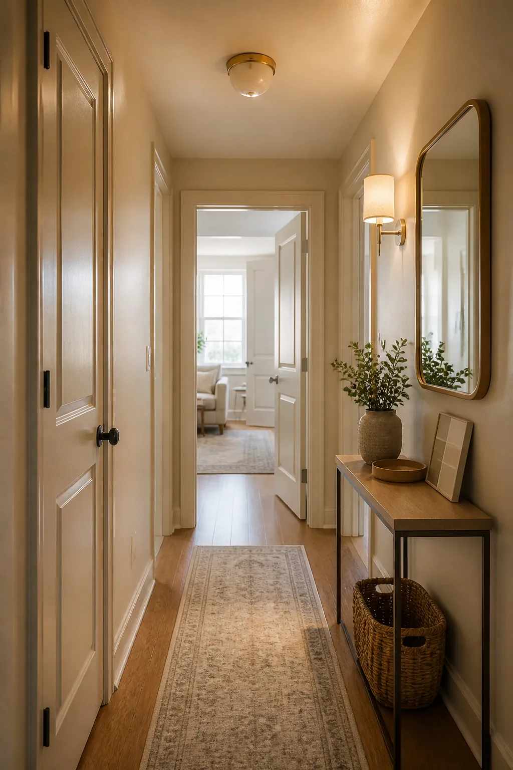 Small dark hallway updated with warm neutral paint, matching trim, and soft reflected light