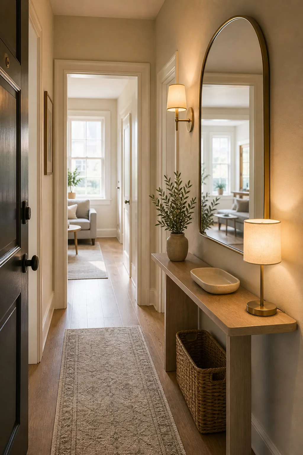Entryway mirror reflecting natural light from an adjoining room to brighten a narrow foyer