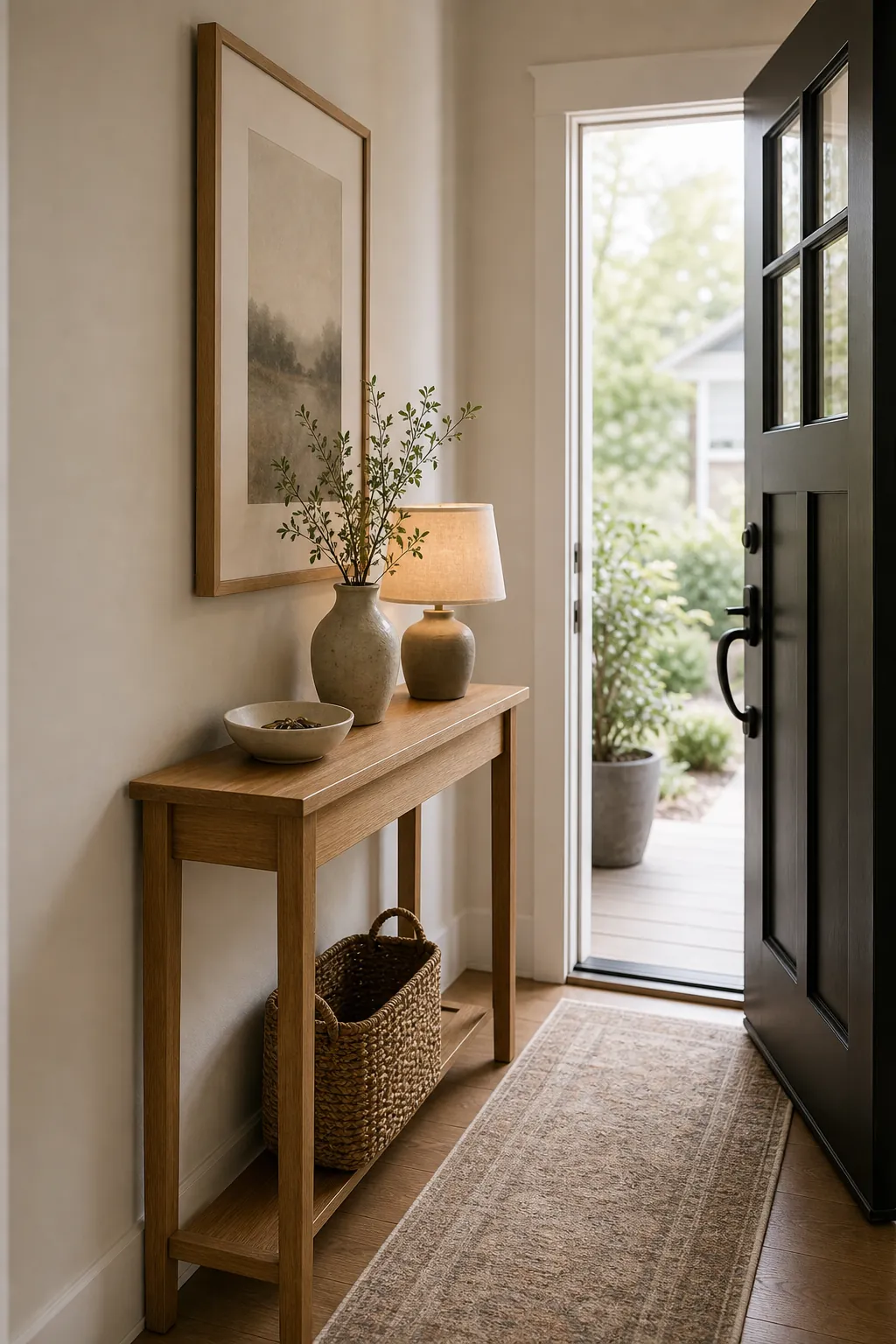 Narrow entryway console table beside the front door with a catchall bowl lamp and framed art