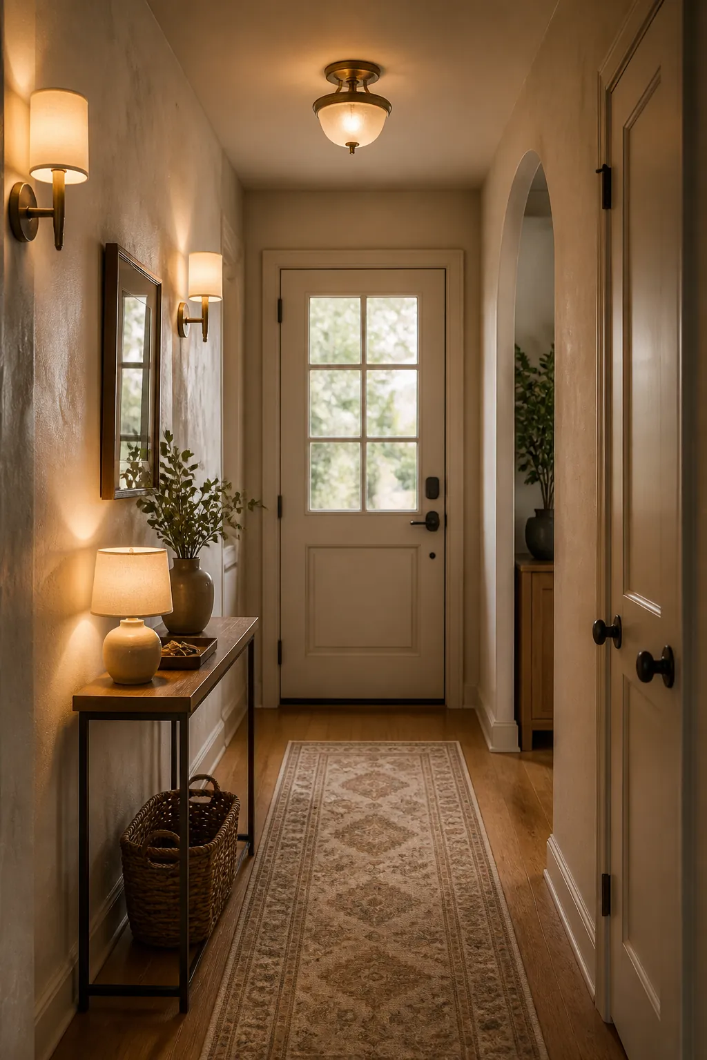 Bright entryway with layered hallway lighting, wall lights, and a warm neutral runner rug