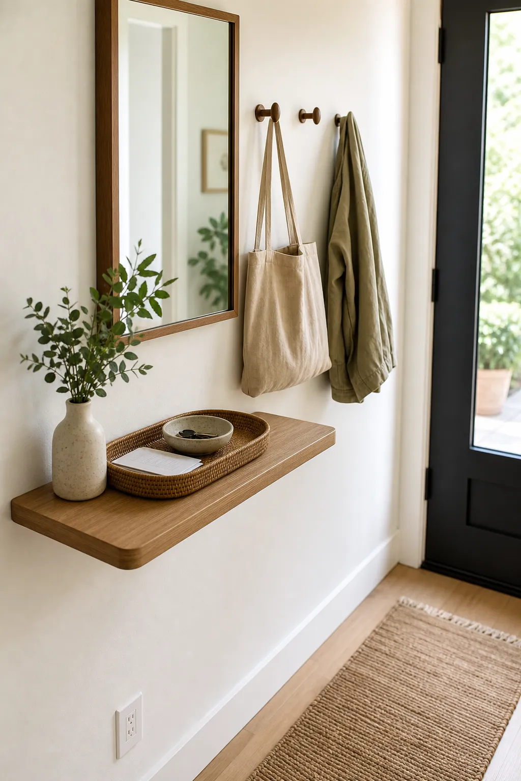 Small entryway drop zone with tray, hooks, mirror, and organized daily essentials