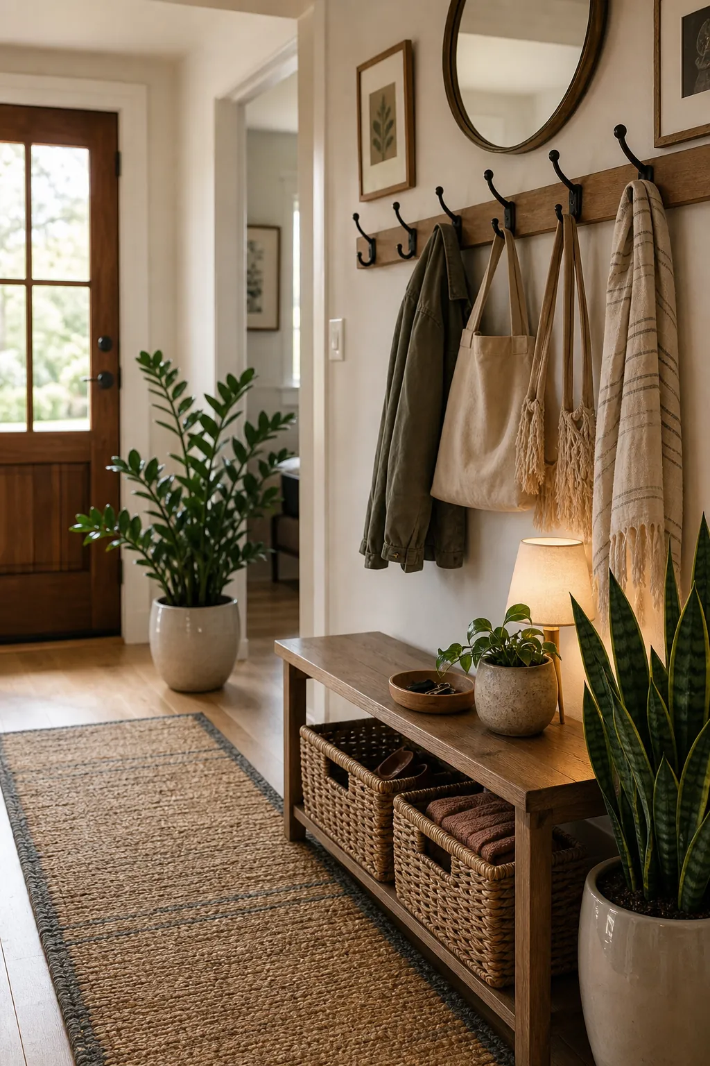Warm entryway with plants, woven baskets, wall hooks, and a runner rug