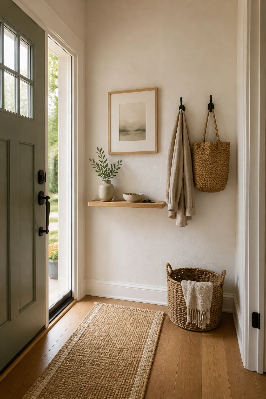 Small entryway wall beside the front door styled with a clear decor zone and natural materials