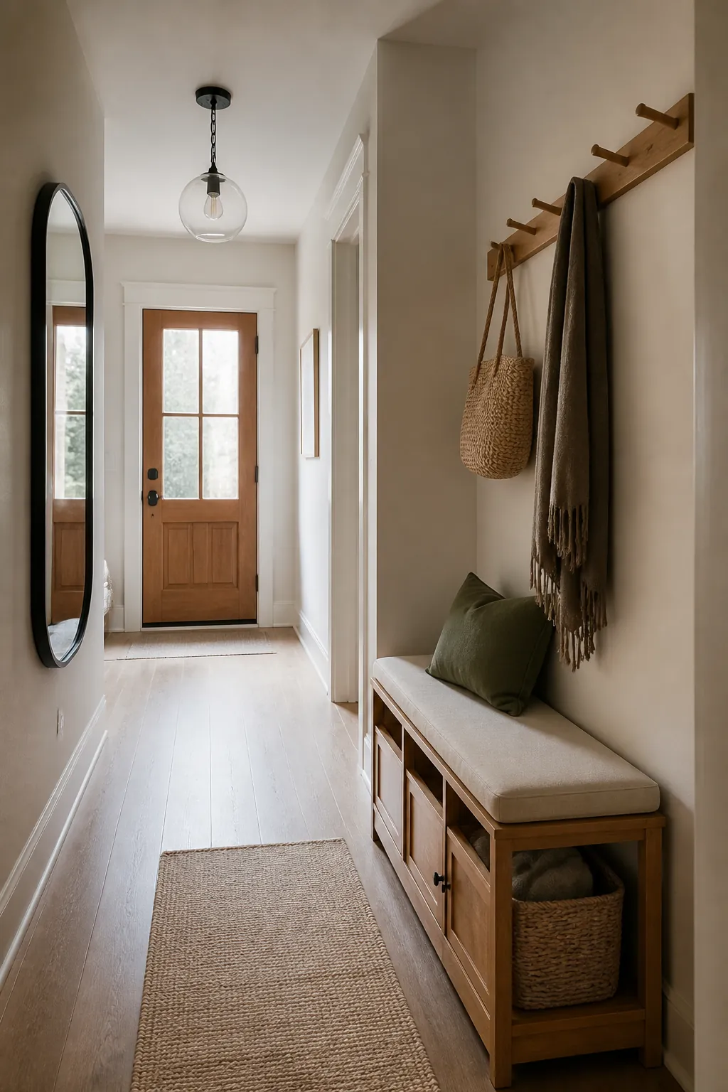 Compact entryway bench with shoe cubbies and hooks in a calm small foyer