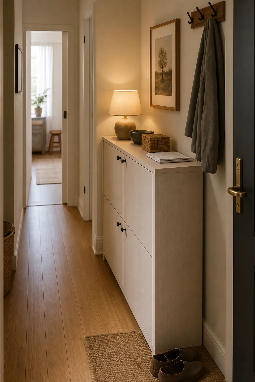 Closed shoe storage cabinet in a narrow entryway with a lamp and framed art