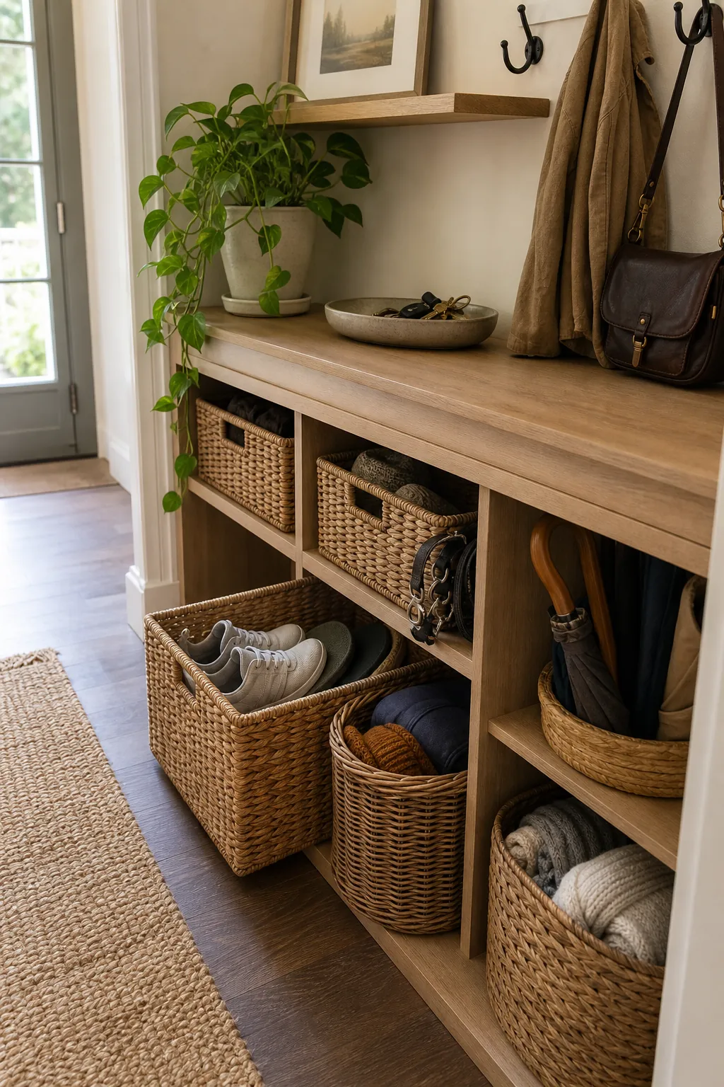 Woven basket storage in an entryway bench hiding shoes and everyday clutter
