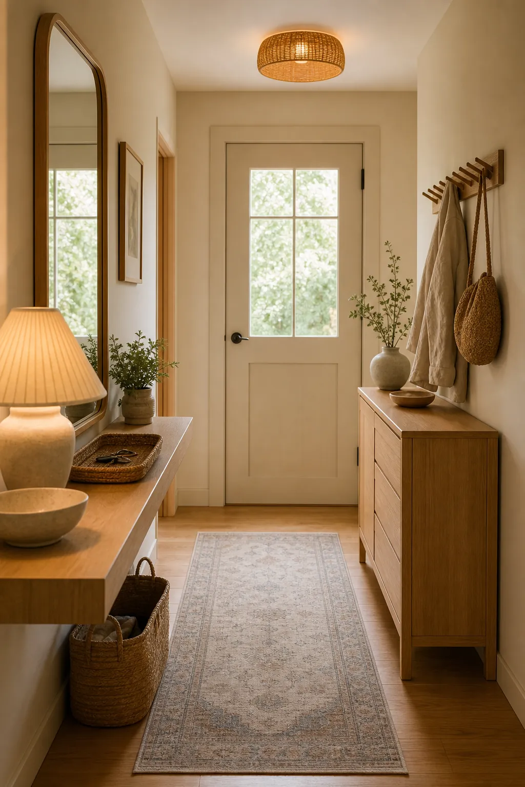 Calm entryway with closed storage, mirror, runner rug, and warm lighting