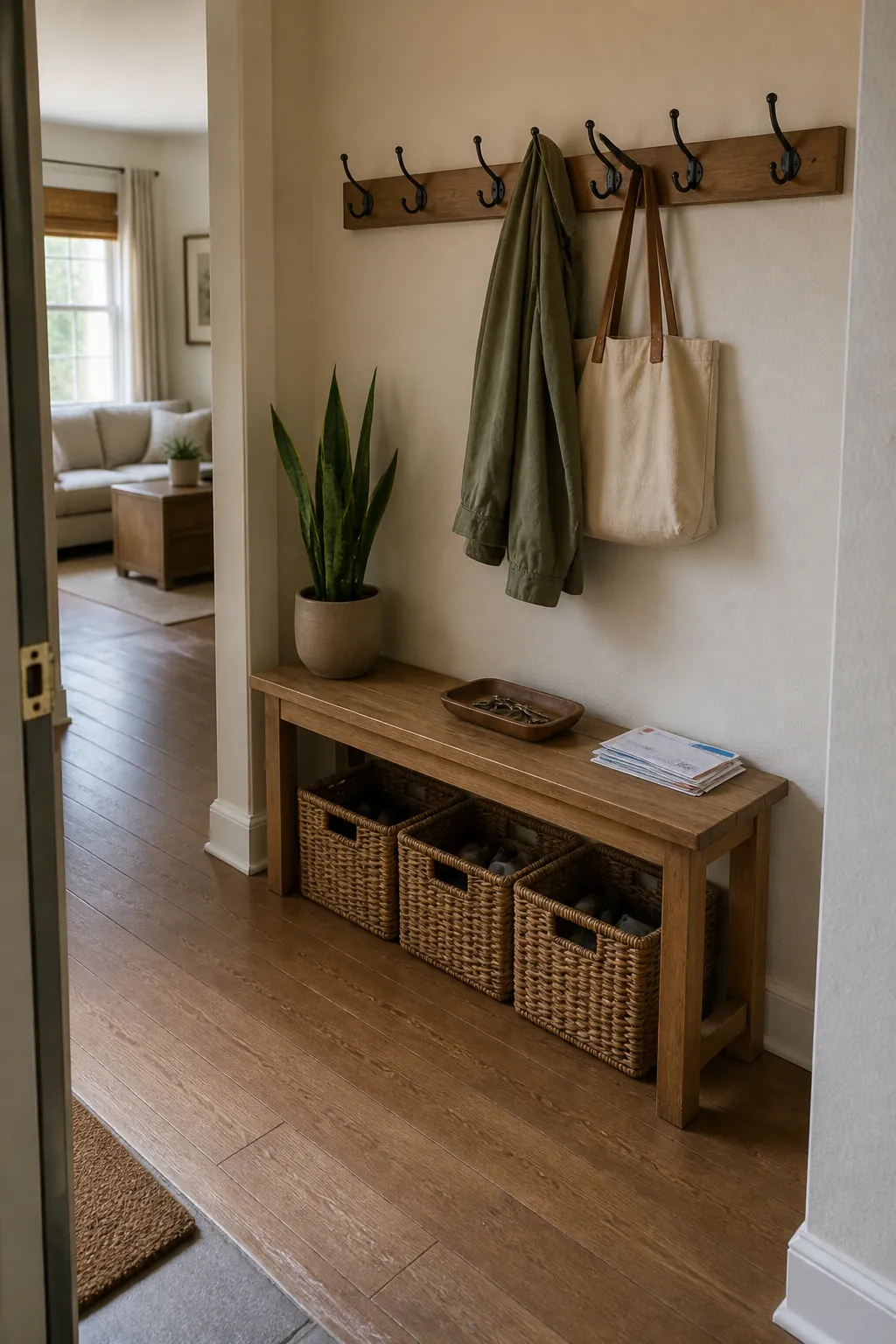 Small entryway drop zone with a bench, baskets, hooks, and a healthy potted plant