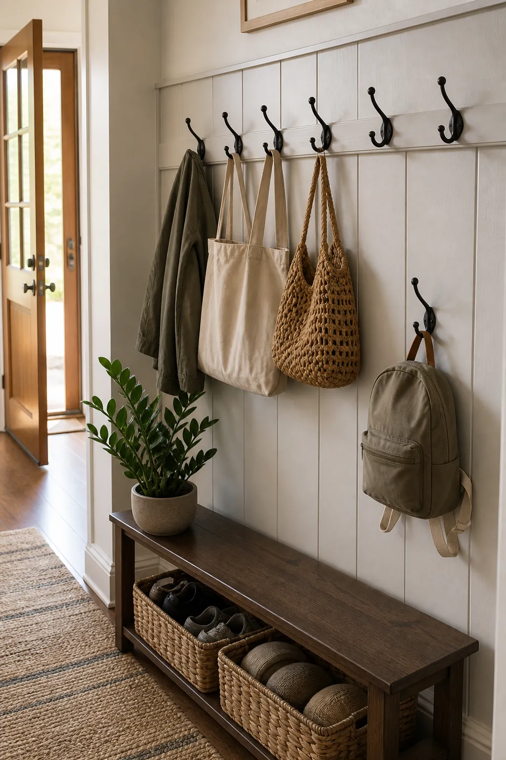 Intentional wall hooks in an entryway with baskets, a plant, and tidy everyday bags