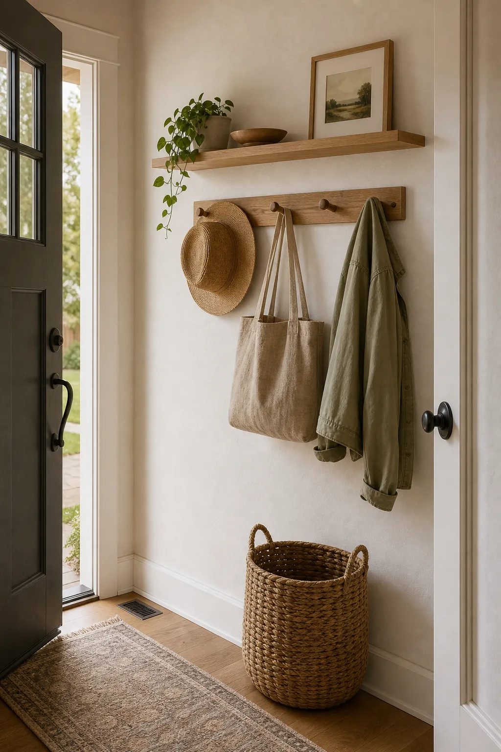 Front door entryway wall with a slim wood shelf and wall hooks for bags and coats