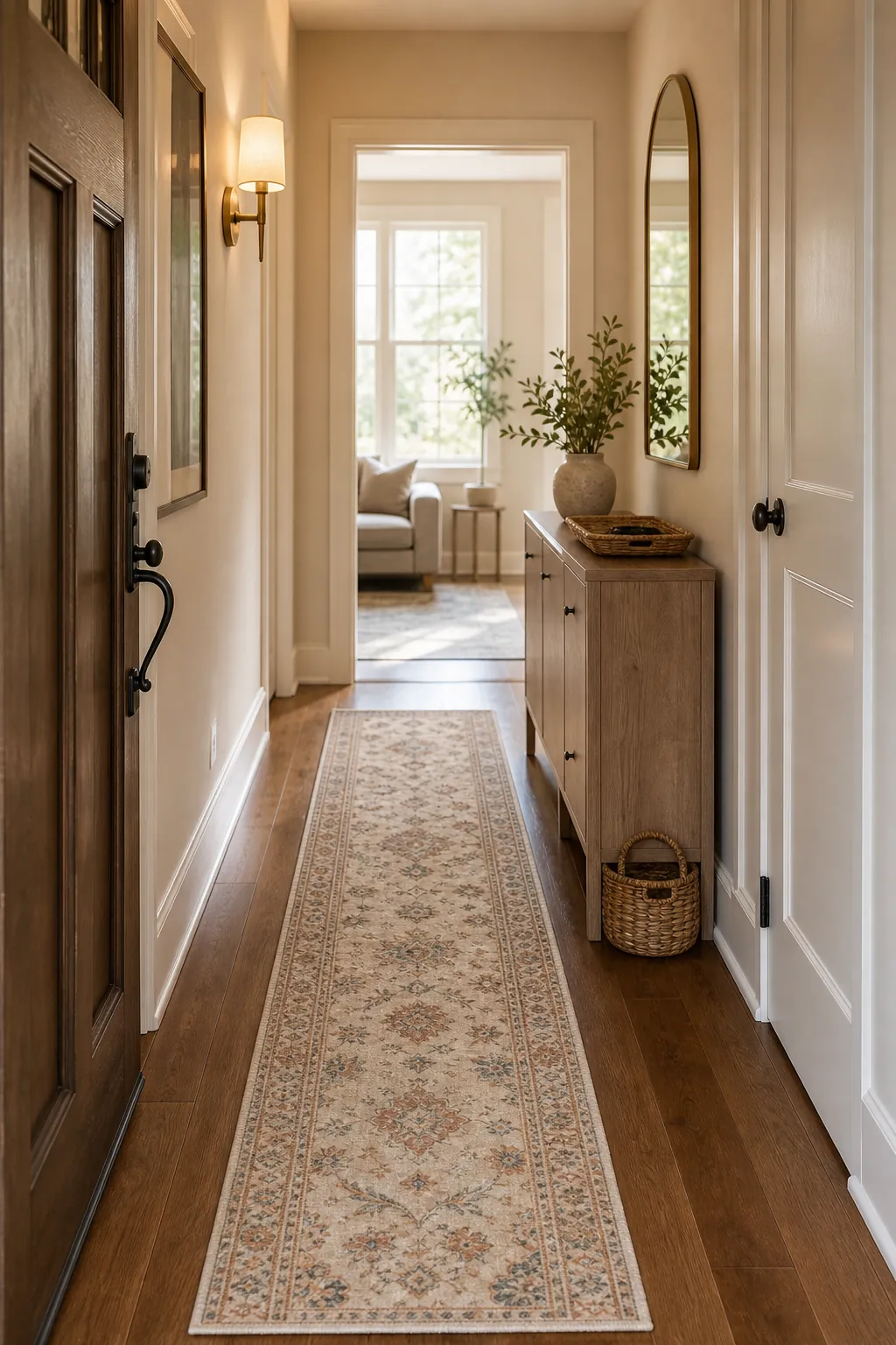 Narrow dark hallway with a light patterned runner rug that makes the entryway feel longer and brighter