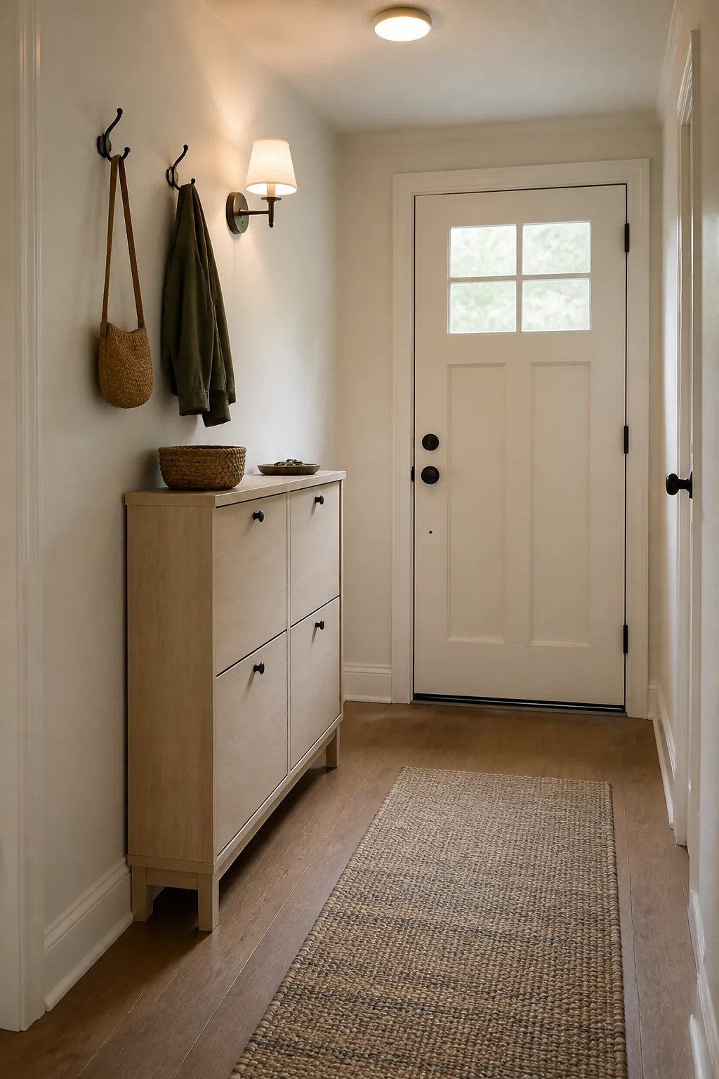 Small entryway with slim closed shoe storage, wall hooks, baskets, and organized everyday items