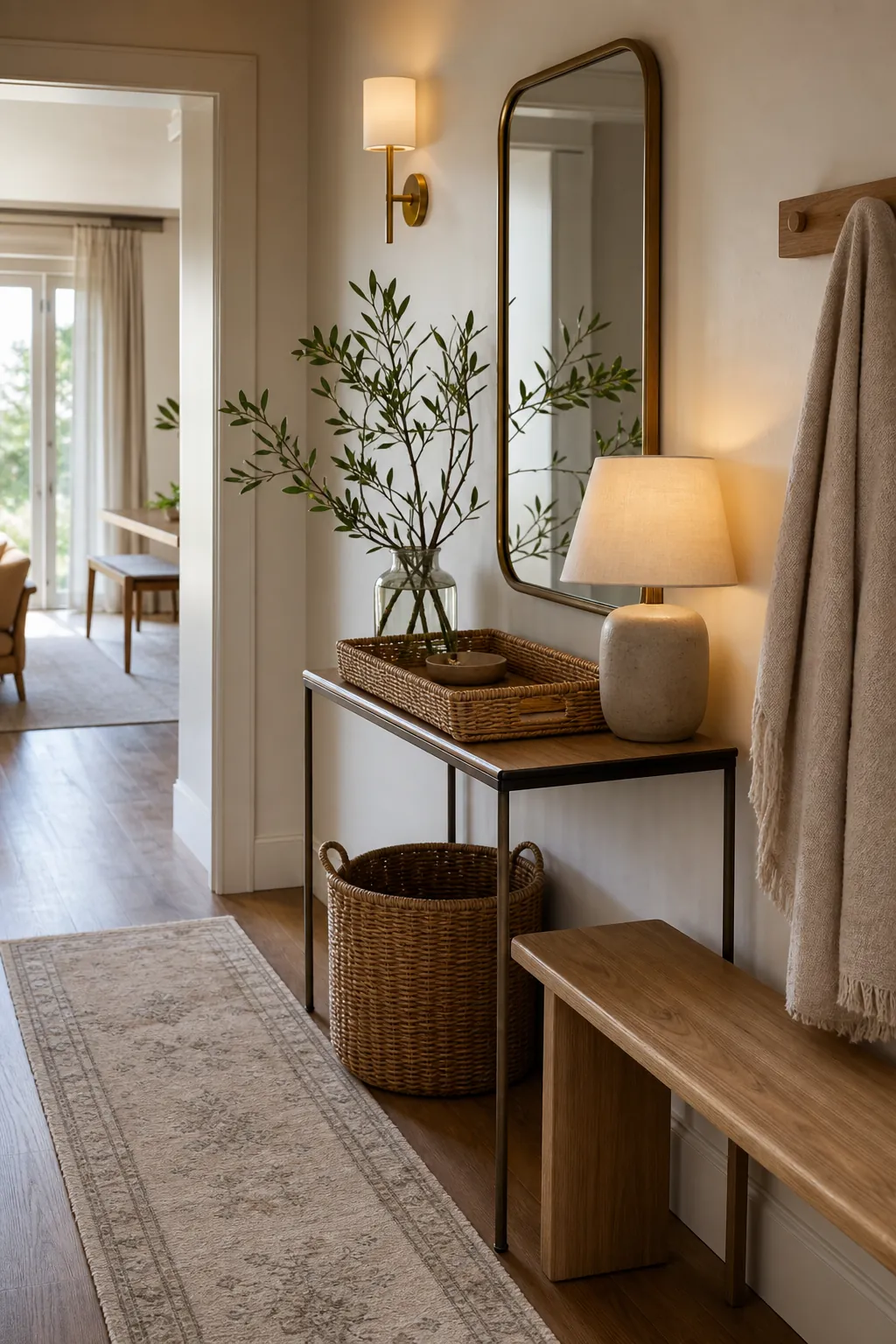 Bright foyer with natural bamboo texture, rattan basket, warm wall lights, and simple entryway decor