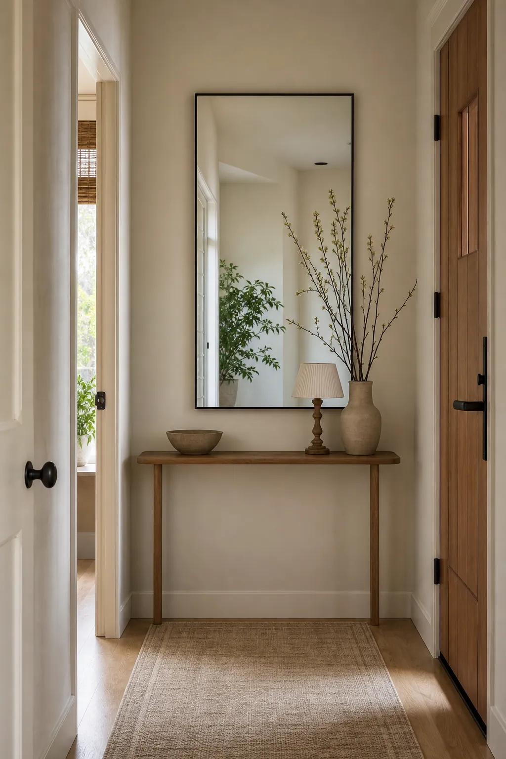 Large rectangular mirror in a calm entryway reflecting natural light and simple decor