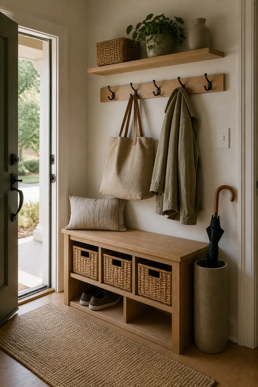 Compact mudroom bench and hook rail beside the front door for organized entryway storage