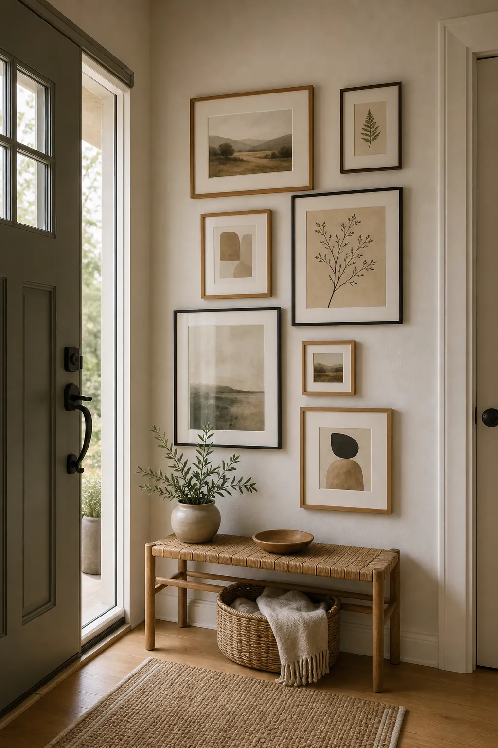 Balanced entryway gallery wall beside the front door with warm wood frames and natural decor